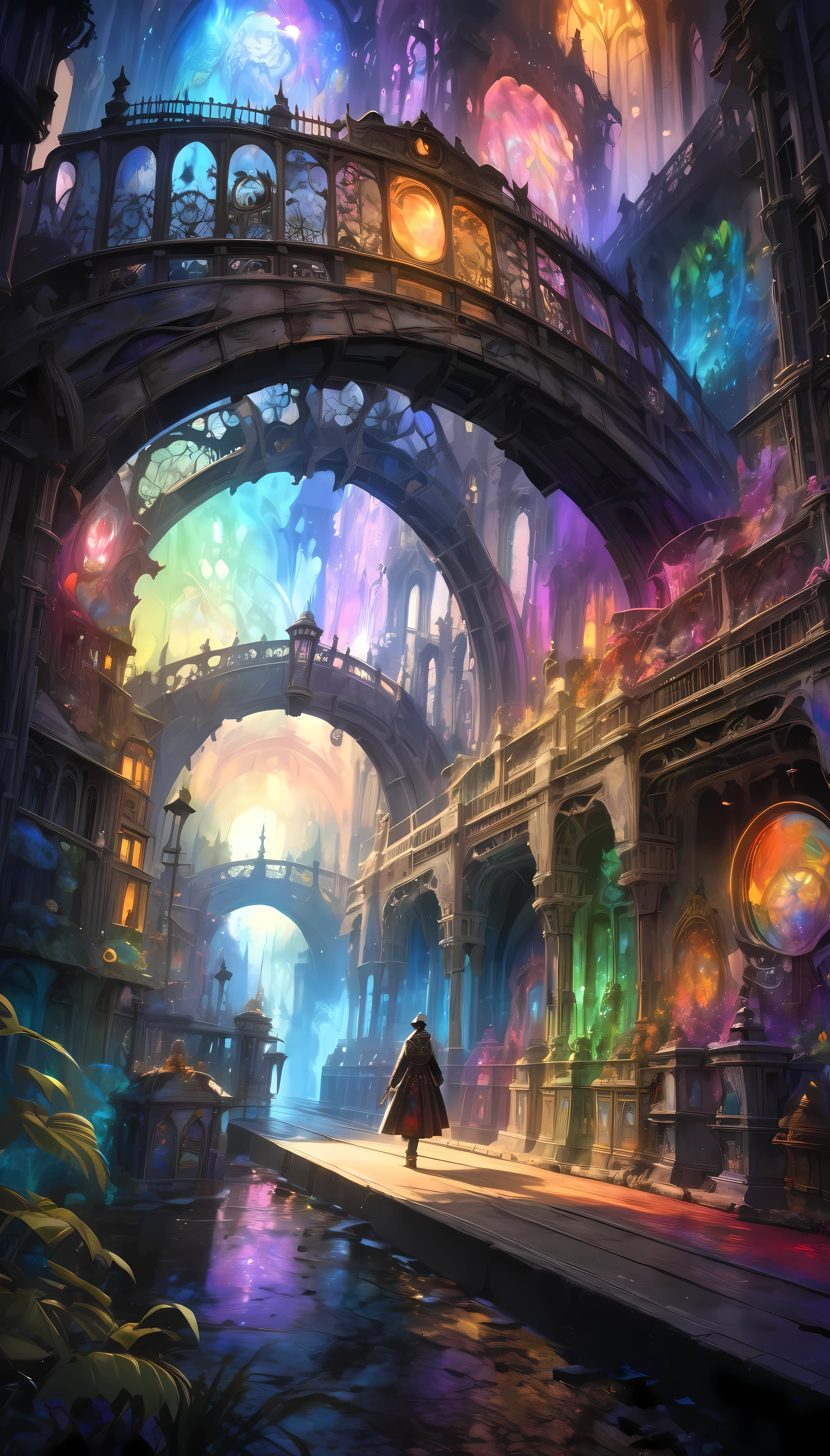 glass art 水彩画 style, An old bridge surrounded by Phantasmal iridescent fogs, DEADY ANTIQUES , 
It continues from front to back, Floating in the dark, BREAK We will lead you to a colorful world of art, 