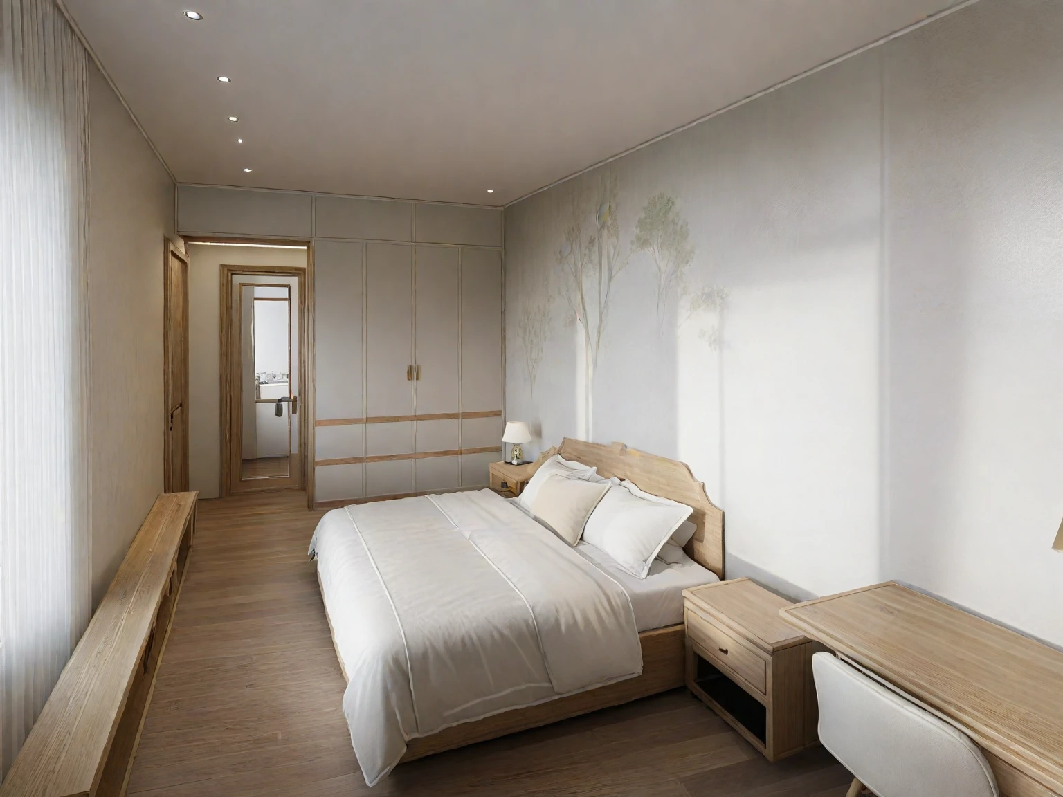 WASABI STYLE, (bedROOM : 1.5), RAW photo,Masterpiece, high quality, best quality, authentic, super detail, interior,white wall, Neutral color for furniture,natural wooden texture, japandi style, Realistic reflexes,realistic light , vray, tree in room