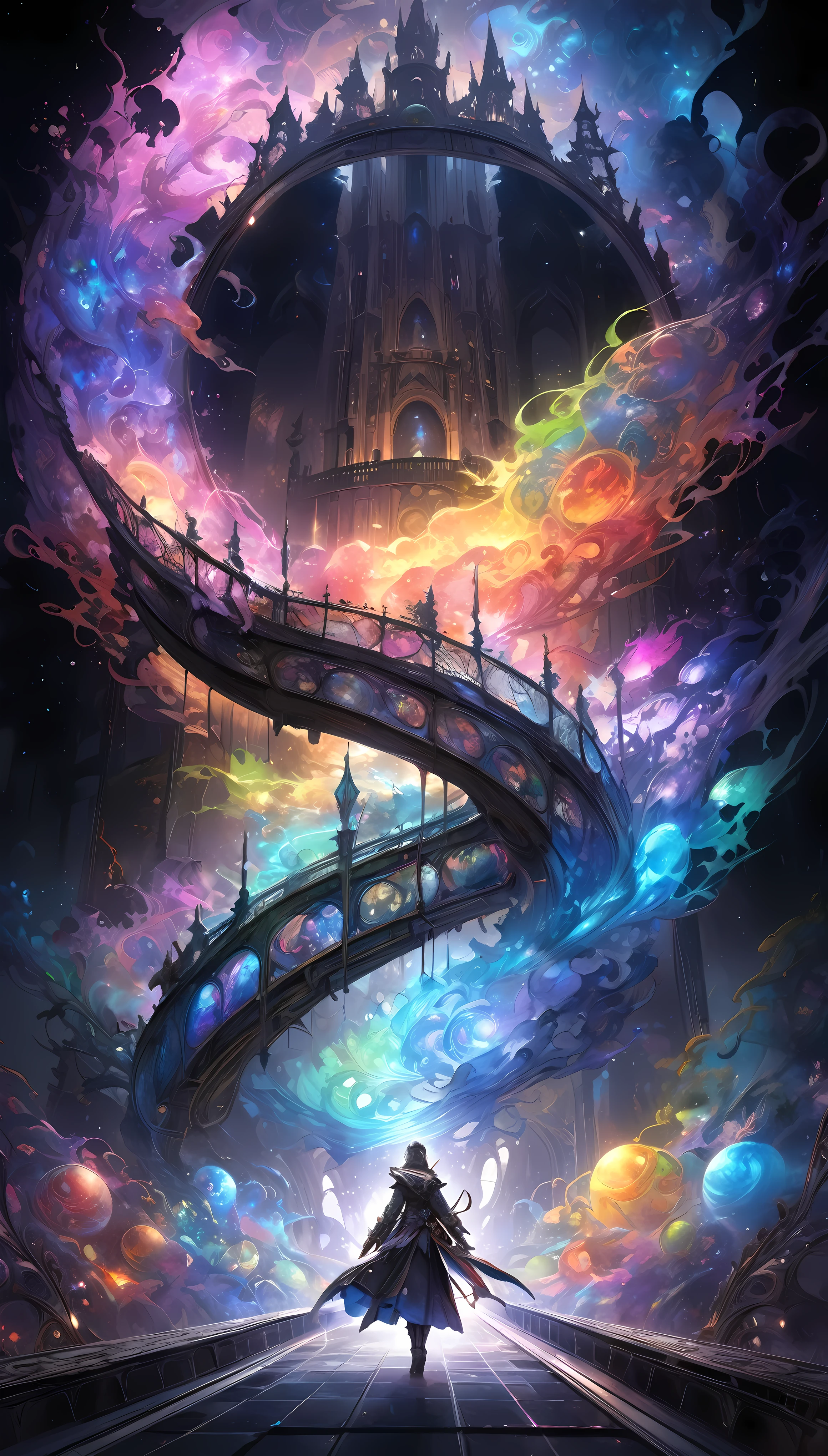 Dark fantasy, Transparent pastel watercolor, Rare historical painting, 
An old bridge surrounded by Phantasmal iridescent fogs, ONLY ONE BRIDGE , Just one,  HOLOGRAPHIC SHINING , 
 BREAK IT DESIGNS FROM FRONT TO BACK , Floating in the dark, Aesthetically pleasing interior lighting, 
BREAK We will lead you to a colorful world of art, 
 BACKGROUND SHARED WITH THE DARK UNIVERSE , Expanded Magic Circle , 
 BREAK PROFESSIONAL SPRAY WORK, Detailed and intricate textures, Detailed and Delicate Brushwork ,  Detailed and vivid depiction ,  anatomically accurate, Absurd aesthetics, 
BREAK Aesthetic harmony with the heavenly bodies,   DARK BACKGROUND TO STAND OUT , Dramatic Cinematic Lighting, 
break highest quality,  highest resolution, Octane rendering, Super Retina Vision, 