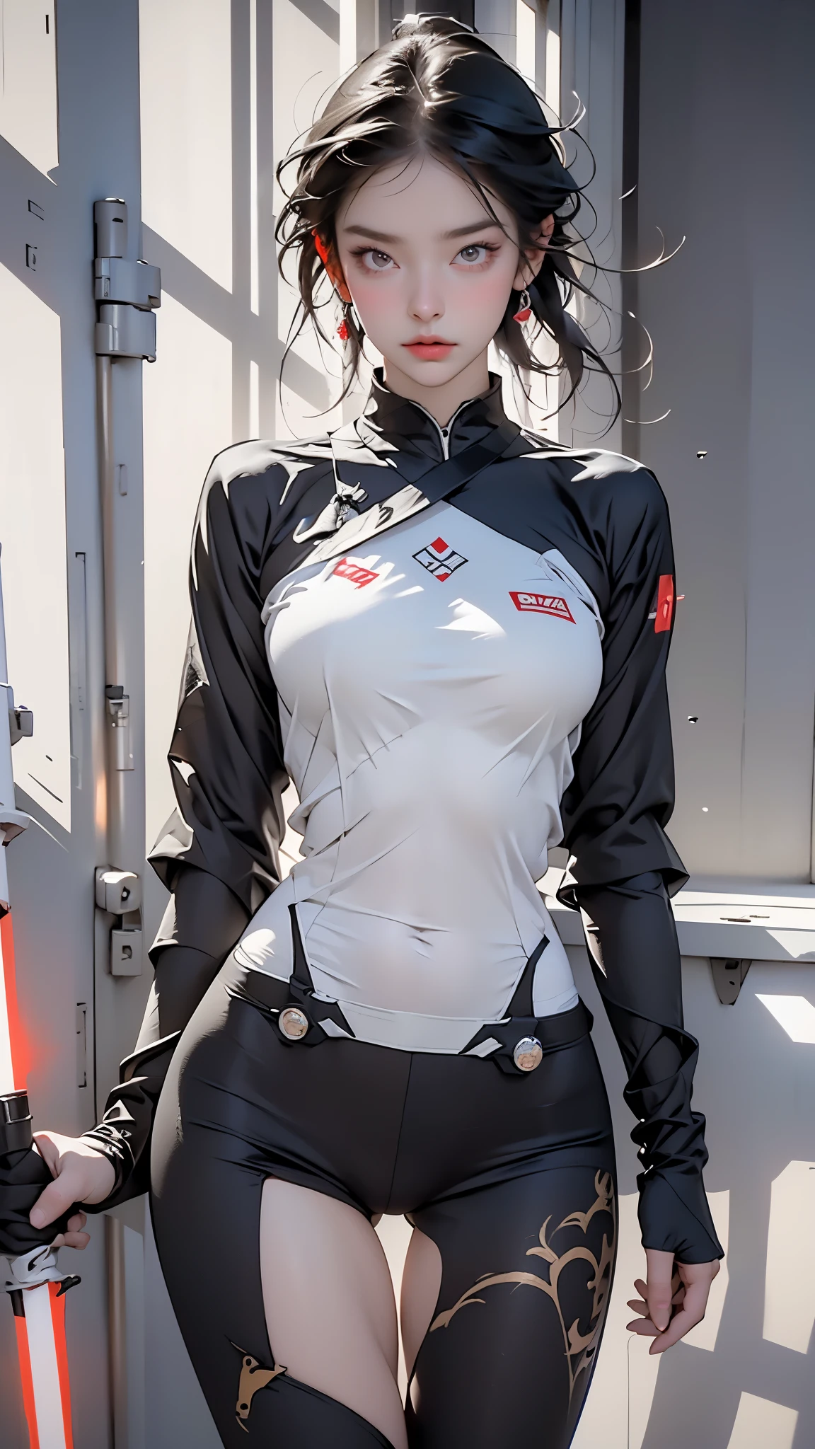 Woman body defined thick thighs cybernetic body parts, short underwear, big boobs
