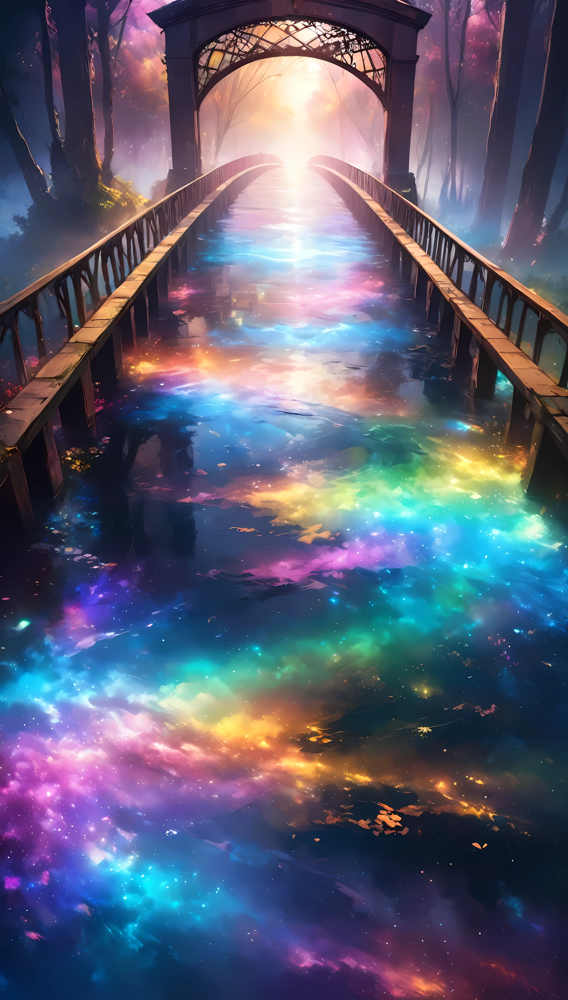 glass art 水彩画 style, An old bridge surrounded by Phantasmal iridescent fogs, DEADY ANTIQUES , 
It continues from front to back, Floating in the dark, BREAK We will lead you to a colorful world of art, 