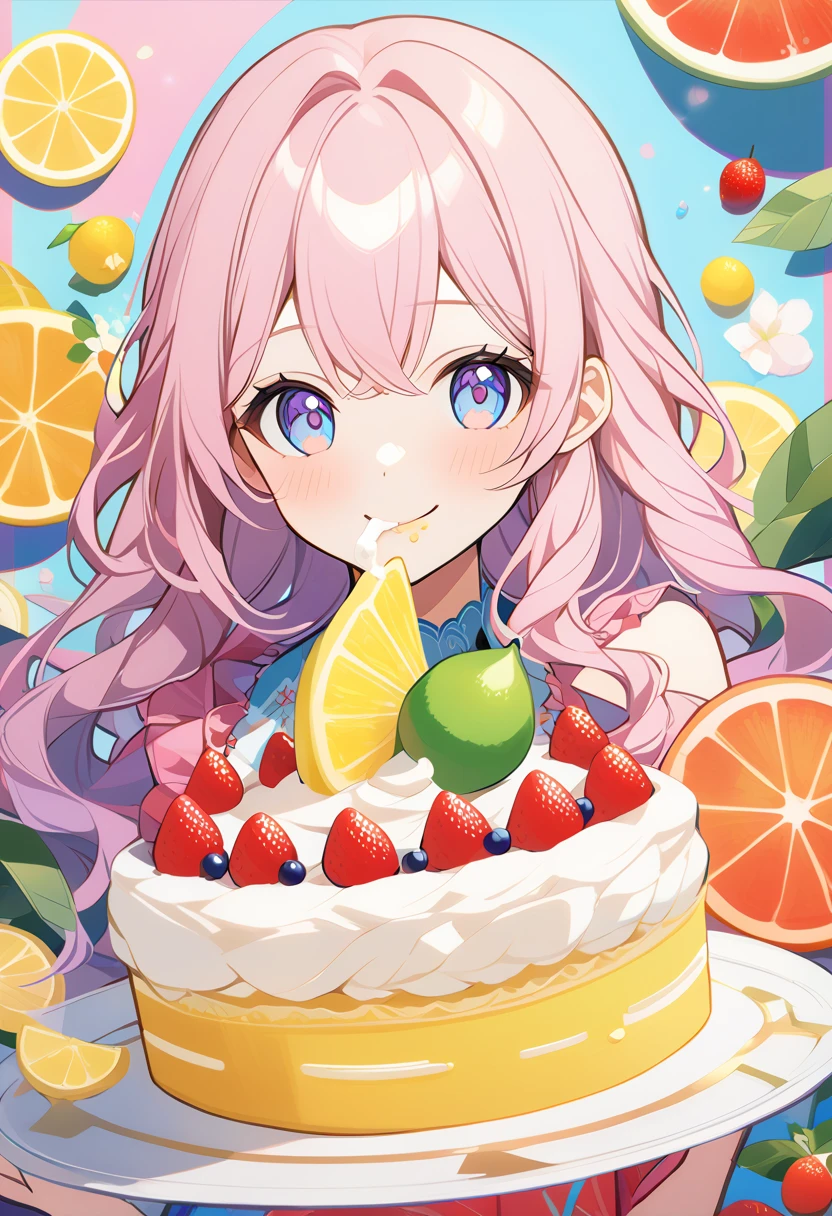 smiles, Darling, Girl,  Long hair , bow, Eating Cake, Cream On Lips, Warm Tea With Lemon Wedge, Фон Darling кофейня, bright colors, Very Beautiful design, small paintings, in the form of fruits, Colorful, 8 k,  Complex Details , bright colors,  better quality,  Maximum Quality ,  