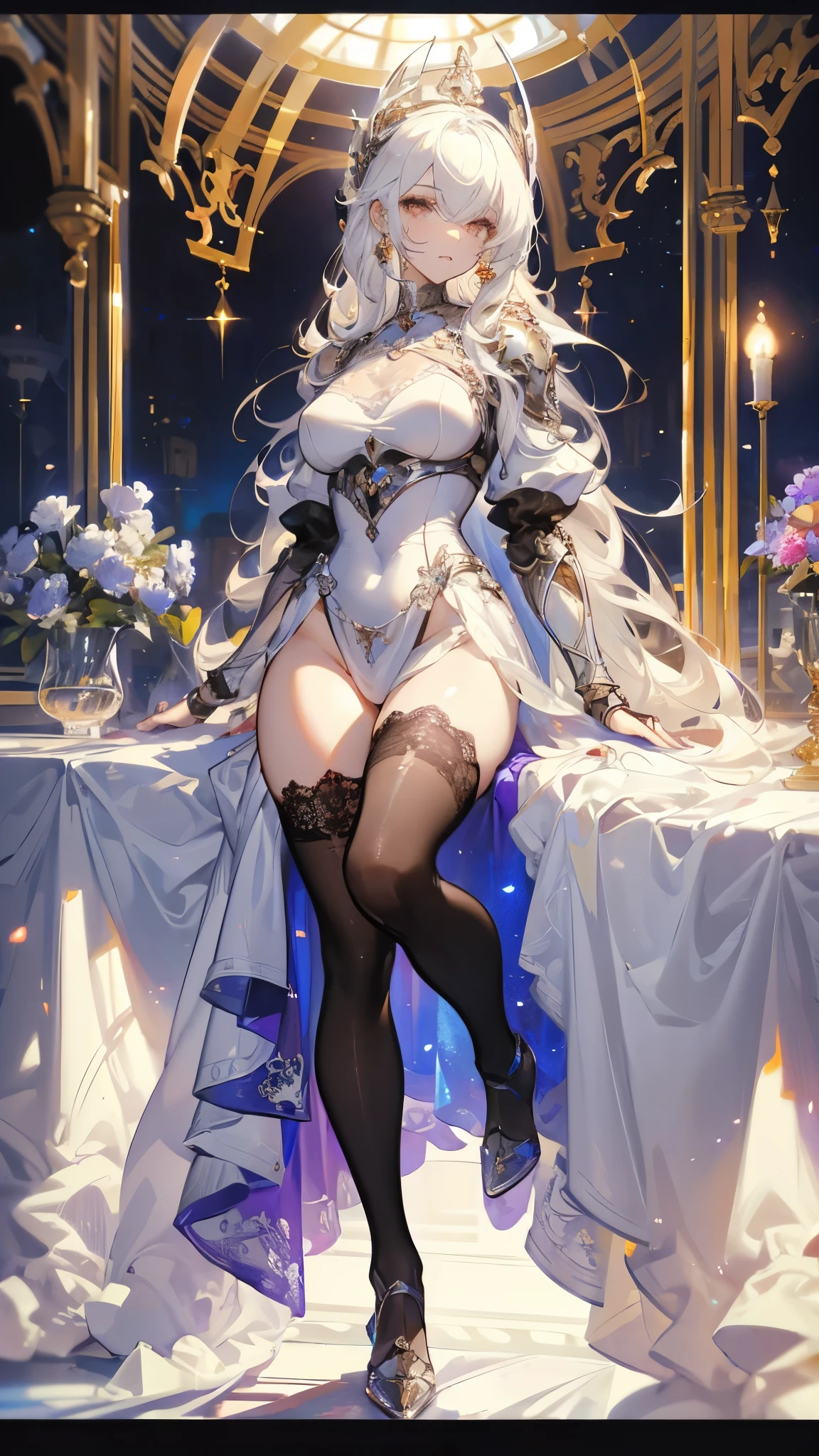 ((masterpiece, best quality)), Delicate face,JK style,Full body painting,Perfect body proportions,Large Breasts,Long legs,Handsome short hair,((Half of her hair is white,The other half is black,Available in two colors)),beautiful eyes,Fantasy style,Extremely beautiful,transparent,_underwear,Lace,Pantyhose