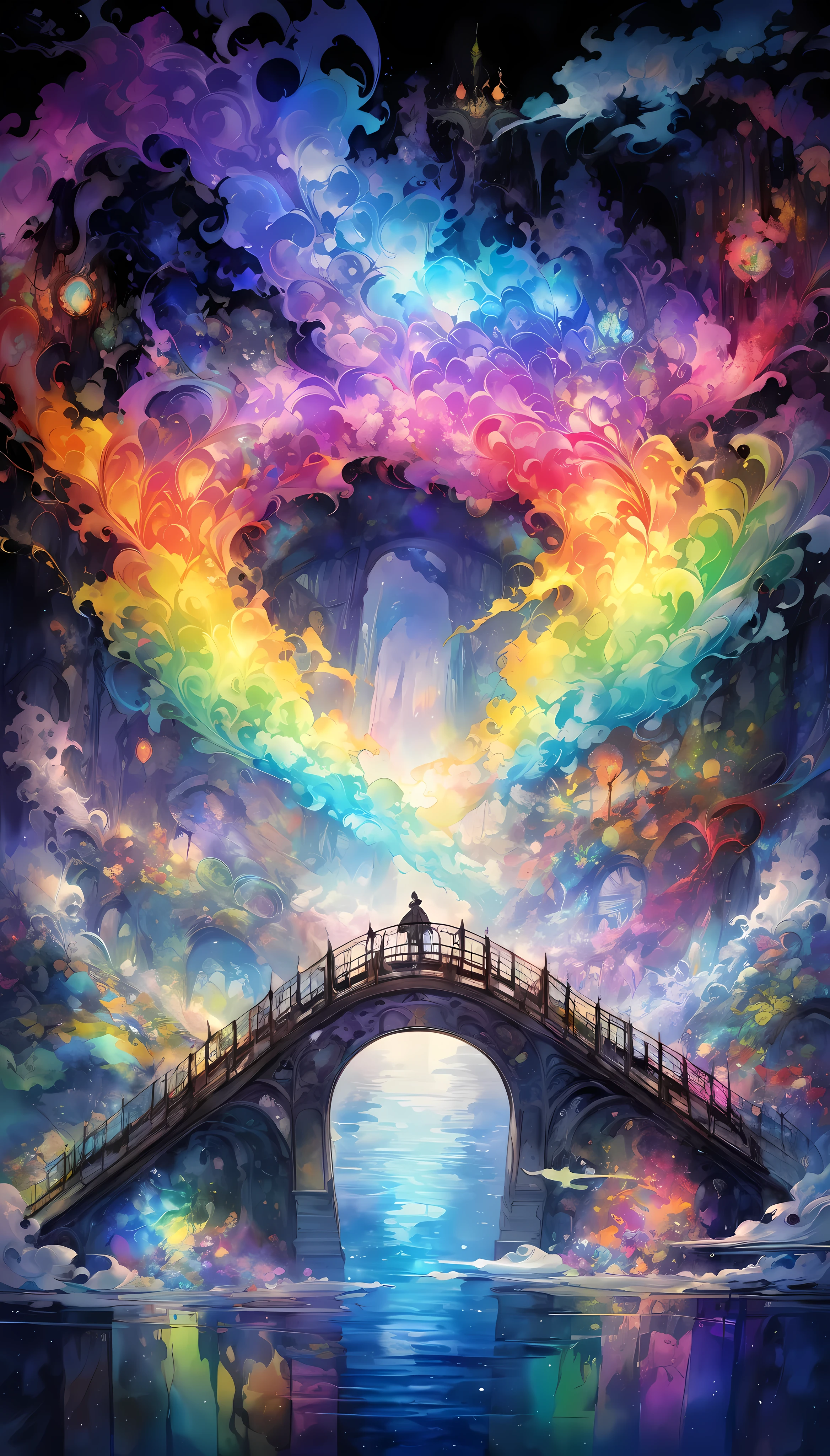 glass art 水彩画 style, An old bridge surrounded by Phantasmal iridescent fogs, DEADY ANTIQUES , 
It continues from front to back, Floating in the dark, BREAK We will lead you to a colorful world of art, 