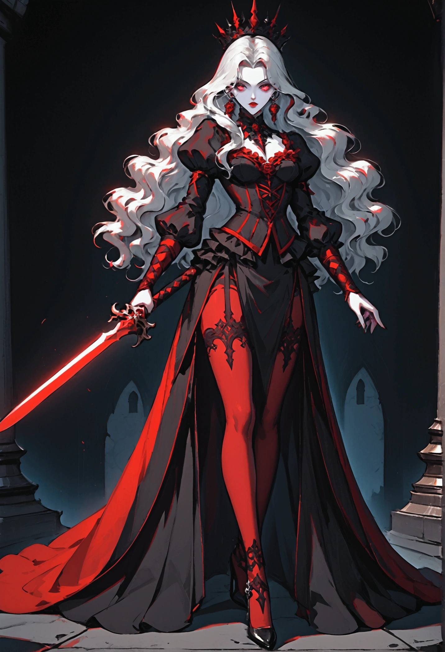 modisn disney, Arafed,  Dark fantasy art, fantasy art, goth art, a picture of a female vampire, pale white skin, blond hair, long hair, wavy hair, (glowing grey: 1.3) eyes, she wears a (red: 1.3) red thigh suit, she holds a sword in hand, (ready for battle: 1.4) , the roses are imprinted on the suit (black: 1.4) black roses, high heels, full body shot, dark glamour shot, dark castle, dark, black and color, PASTELGOTH, 