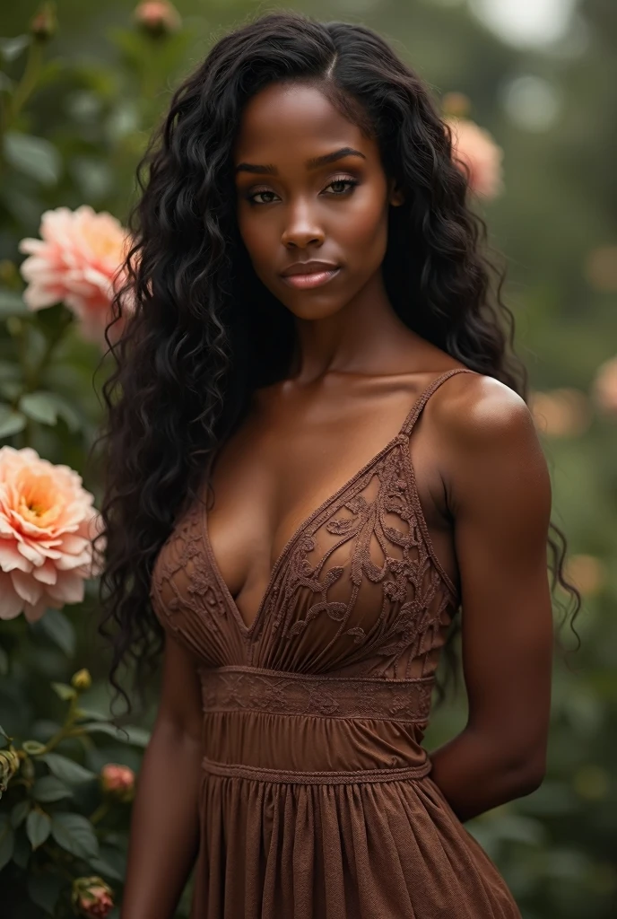 A beautiful and sensually attractive blasian lady with long, wavy hair, standing in a secluded garden, wearing elegant black lace lingerie. The delicate lace contrasts beautifully with her soft, glowing skin, which is bathed in the warm, golden light of the late afternoon sun. She stands confidently among blooming flowers, with her pose highlighting her graceful curves. Her expression is alluring and serene, with a subtle smile as she gazes directly at the viewer.