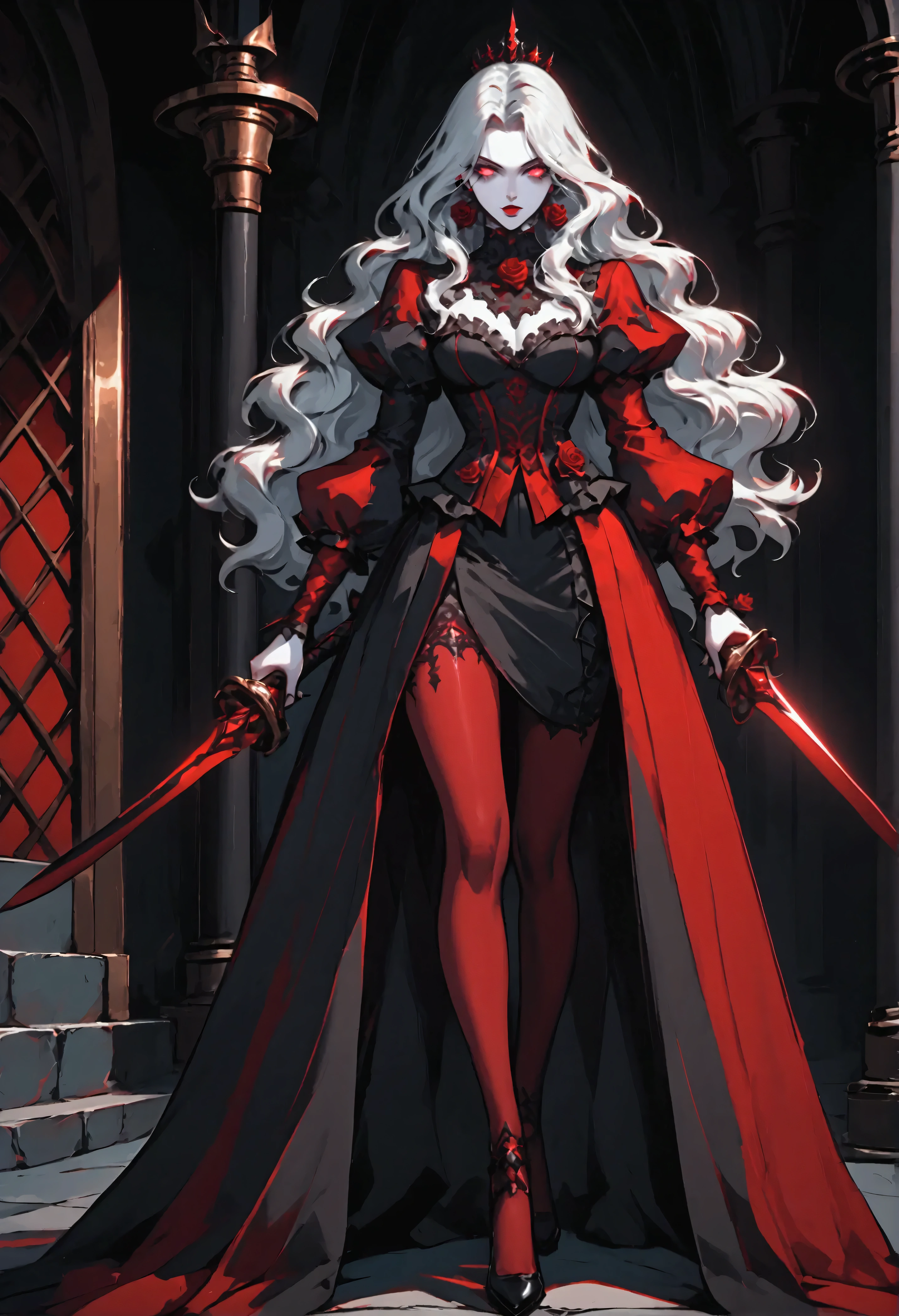 modisn disney, Arafed,  Dark fantasy art, fantasy art, goth art, a picture of a female vampire, pale white skin, blond hair, long hair, wavy hair, (glowing grey: 1.3) eyes, she wears a (red: 1.3) red thigh suit, she holds a sword in hand, (ready for battle: 1.4) , the roses are imprinted on the suit (black: 1.4) black roses, high heels, full body shot, dark glamour shot, dark castle, dark, black and color, PASTELGOTH, 