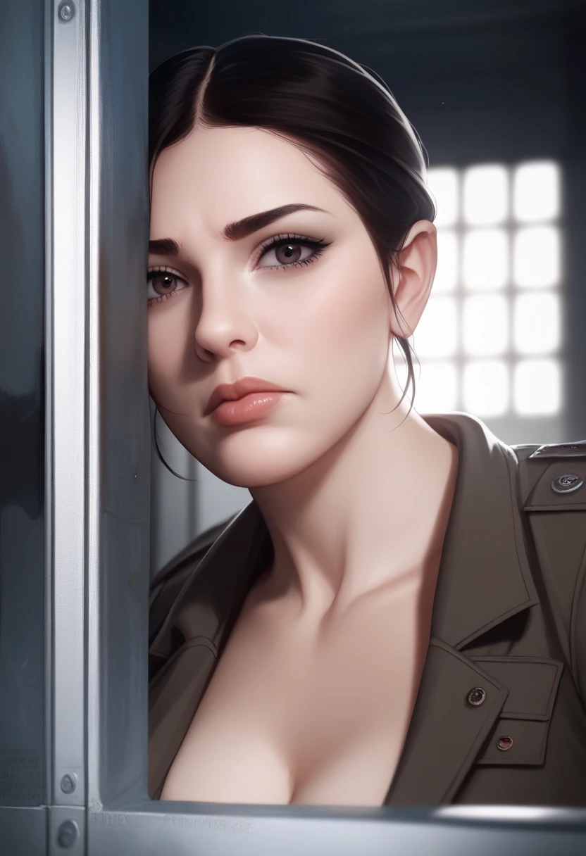 (best quality,8k,highres,masterpiece:1.2),ultra-detailed,photorealistic,photo-realistic:1.37,cinematic lighting,dramatic lighting,female prisoners, prison cell, group of women, looking at viewer, sad expressions, bars on windows, concrete walls, harsh lighting, gritty realism, moody atmosphere, depth of field, dramatic shadows, anime