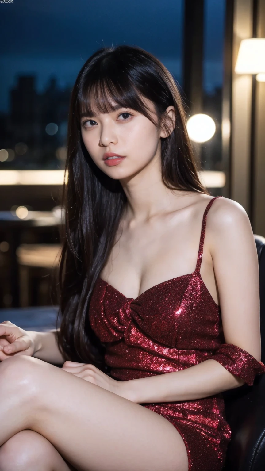 1girl,(wearing a red glittery evening mini dress:1.2),(RAW photo, best quality), (realistic, photo-realistic:1.4), masterpiece, an extremely delicate and beautiful, extremely detailed, 2k wallpaper, Amazing, finely detail, extremely detailed CG unity 8k wallpaper, ultra-detailed, highres, soft light, beautiful detailed girl, extremely detailed eyes and face, beautiful detailed nose, beautiful detailed eyes,cinematic lighting,city lights at night,slender body,(long hair with bangs),(big oppai), (crossed legs).