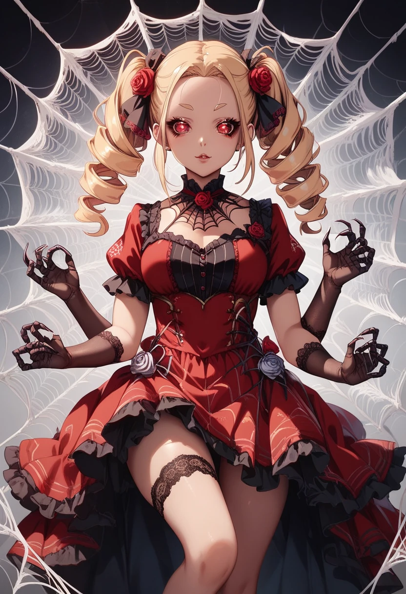 Spider girl. Lady. Twin drill hair. Blonde hair. Red eyes. Horror eyes. Black and red dress. Frills. Dark fantasy. Multiple arms. Sharp claws. Bio-armor chest. Spider web dress. Insect legs. Lace gloves. Spider eyes on forehead. Scornful expression. Rose flower.