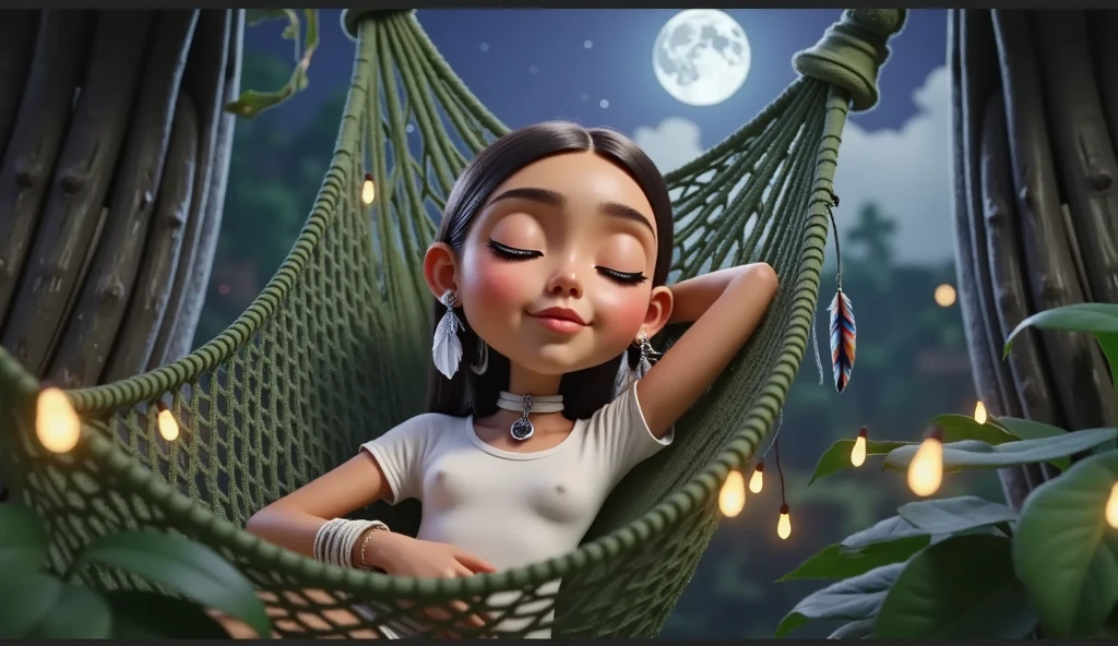 Inspired by a high-resolution, high-quality 3D film by Disney Pixar, create the image of a Brazilian Indian girl with straight, shiny black hair. the waist light brown skin wearing a tight and basic white t-shirt without any print shaping her beautiful body lying in a hammock with her eyes closed sleeping in a rustic hammock on a porch in the middle of the Amazon rainforest surrounded by trees and plants of the region with the moonlight and the stars illuminating the environment she wears in her ear a colorful feather as an earring and carries on her face a slight smile of peace