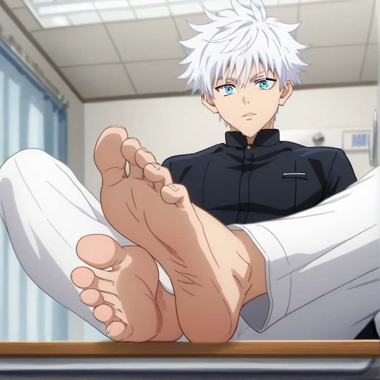 score_9, score_8_up, source_anime,
1boy, Satoru Gojo, white hair, short hair, wide opened blue eyes, black shirt, white pants, sitting at the table , alone, looking at viewer, cowboy shot, ANIME SCREENCAP, anime coloring, in a hospital, barefoot, perfect feet, anatomically correct, soles, low angle, focal length 35mm, each foot has five toes, front, symmetrical soles, foot focus