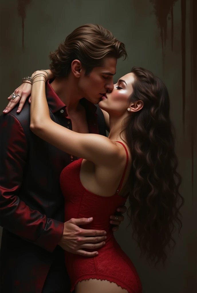 a sexy male vampire, with his fangs in the neck of a beautiful girl biting ,she is looking at the camera, with parted lips and an expression of desire