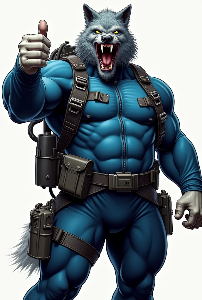 (A rugged beefy very muscular bulky chubby old man), (wearing blue wetsuit), (wearing realistic snarling wolf mask), thumbs up pose, wearing rebreather, wearing bulky scuba gear, carrying diver oxygen rank on his back, muscular physique, toned muscles, fierce, heroic, action, comic artstyle, bulky best quality, wearing white rubber gloves. wearing gun holster on left thighs, dynamic action pose, fierce expression, showcasing an imposing stature, powerful, best quality image, action-packed atmosphere, masterpiece.