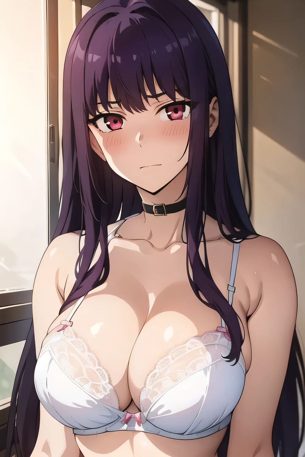 1girl, female, long hair, dark purple hair, ragged bangs, crimson eyes, white lace bra, upper body, looking at viewer, blush.