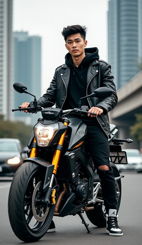 portrait of young man, wearing black hoodie, korean hairstyle, black hair color, and leather jacket, ripped jeans, nike jordan shoes, pose on a modified ninja kr150 motorbike in thailand style, background of thailand city highway