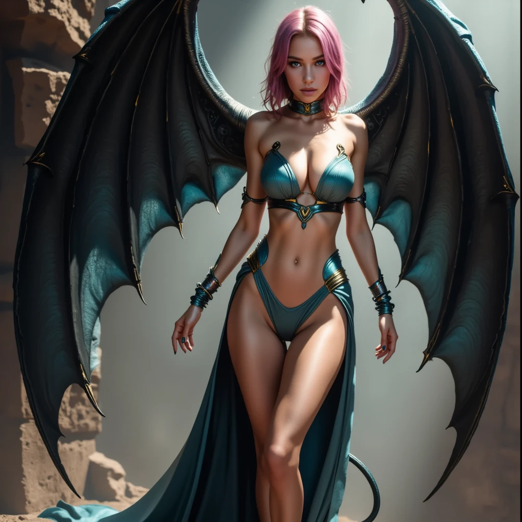 ((perfect anatomy:1.2,realistic:1.3,RAW Photography:1.3,masterpiece、 highest quality 、Ultra -  High resolution、 High resolution、 highly detailed CG 、8k)),  image of a female Be'lakor from the Warhammer fantasy lore,  tail like succubus ,  tail around her leg , very thin tail , large demonic wings , (spiderman),  short hair, pink hair, straight hair