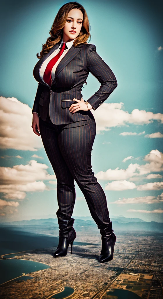 A young Kat dennings sophisticated and stylish wowan in a grey pinstriped trouser suit, white shirt, and a large wide red necktie with a really large windsor knot, with a beautiful, curvaceous figure, massive breasts, and blonde long wavey hair, with a curvaceous figure and massive breasts. wearing rounded high heels boots with uncovered feet and standing, rampage-like pose, with a cityscape background of mega-city, urban sprawl, and small towns, partially obscured by a hazy, cloudy atmosphere. The image is a high-resolution, masterpiece-quality, cinematic, ultra-detailed, and hyper-photorealistic photograph, with perfect hands, face, and lighting. ultra-detailed, 8K, photo-realistic, hyper-realistic, masterpiece, intricate details, full body view. Looking at camera, The image is a high-resolution, masterpiece-quality, cinematic, ultra-detailed, and hyper-photorealistic photograph, with perfect hands, face, and lighting. ultra-detailed, 8K, photo-realistic, hyper-realistic, masterpiece, intricate details, full body view