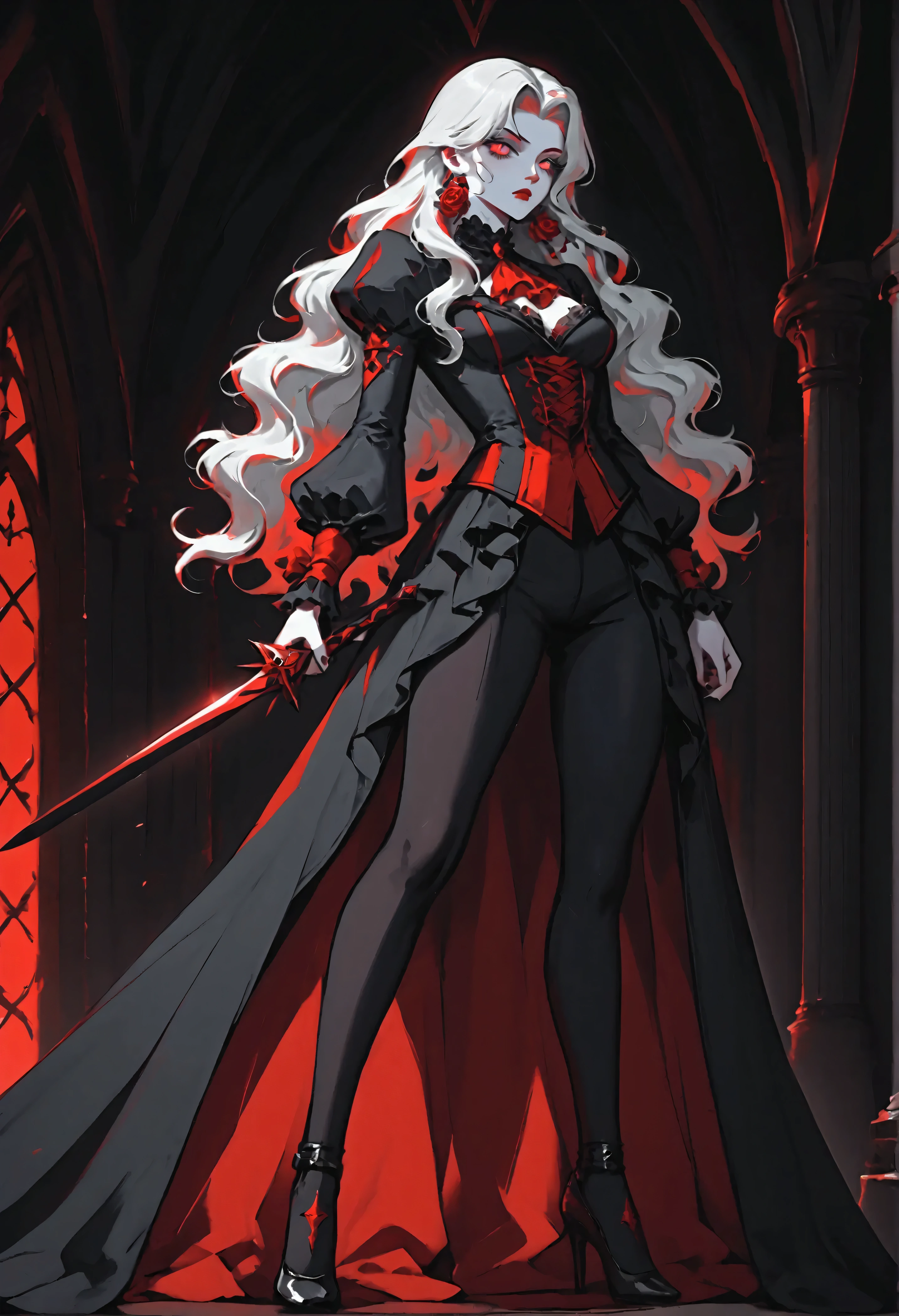 modisn disney, Arafed,  Dark fantasy art, fantasy art, goth art, a picture of a female vampire, pale white skin, blond hair, long hair, wavy hair, (glowing grey: 1.3) eyes, she wears a (red: 1.3) red thigh suit, she holds a sword in hand, (ready for battle: 1.4) , the roses are imprinted on the suit (black: 1.4) black roses, high heels, full body shot, dark glamour shot, dark castle, dark, black and color, PASTELGOTH, 