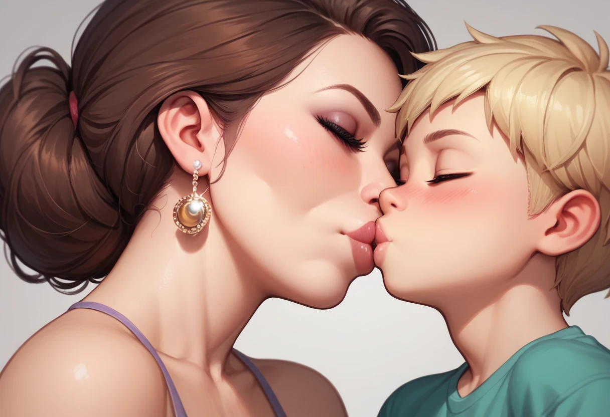 mom and shota kissing, close up, animetoreal
