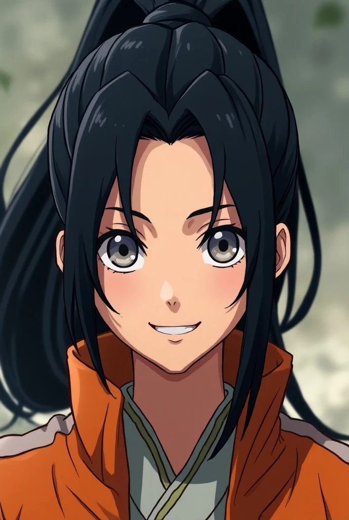 (Masterpiece) the man Neji Hyuga from the Naruto anime, smiles playfully, and wears a high ponytail hairstyle