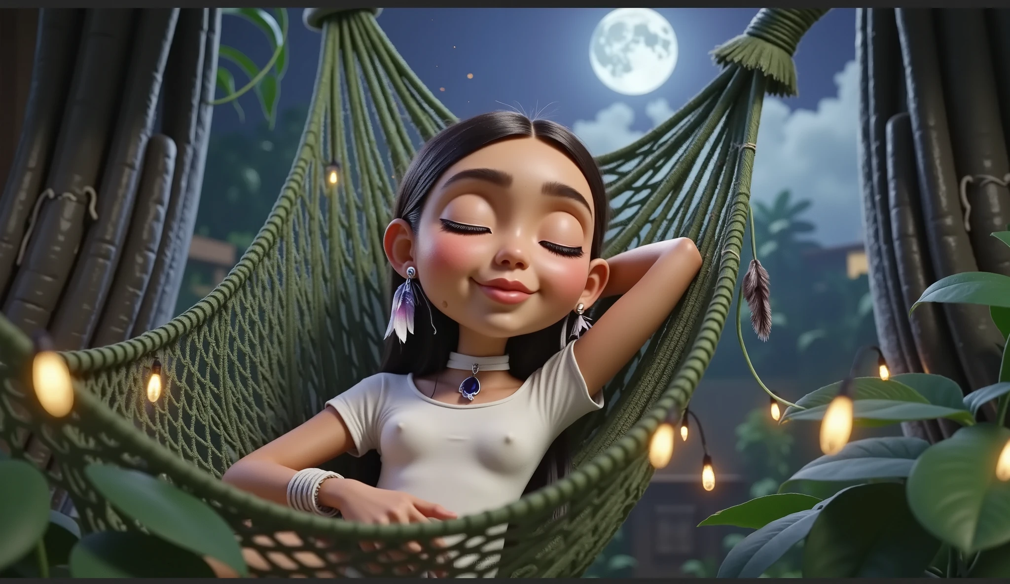 Inspired by a high-resolution, high-quality 3D film by Disney Pixar, create the image of a Brazilian Indian girl with straight, shiny black hair. the waist light brown skin wearing a tight and basic white t-shirt without any print shaping her beautiful body lying in a hammock with her eyes closed sleeping in a rustic hammock on a porch in the middle of the Amazon rainforest surrounded by trees and plants of the region with the moonlight and the stars illuminating the environment she wears in her ear a colorful feather as an earring and carries on her face a slight smile of peace