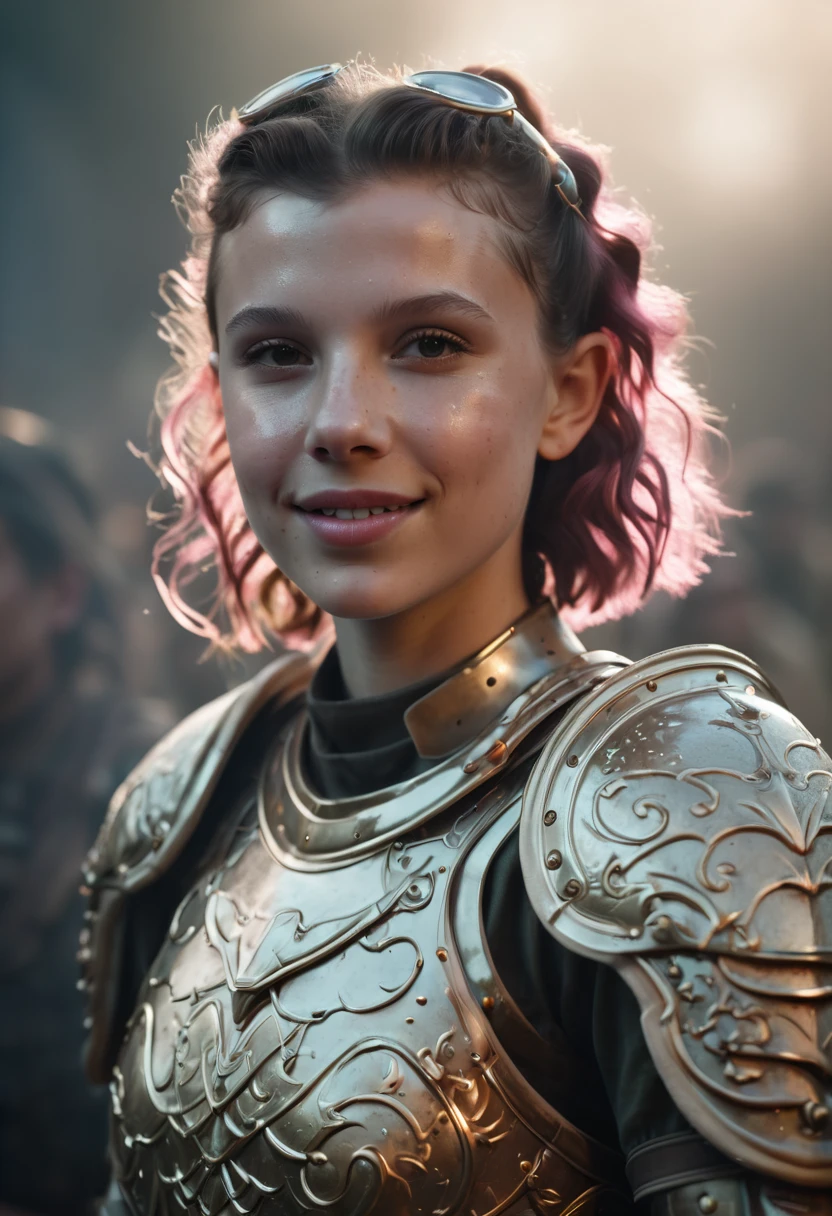 ((high resolution)), ((pale skin)), freckled, Millie Bobby Brown, blushing cheeks, wavy hair, smiling, naked, fantasy warrior, sexy armor, cinematic lighting, volumetric fog, muted color palette, dramatic shadows, dramatic angles, hyper realistic, cinematic composition, 8k, photorealistic, intricate details