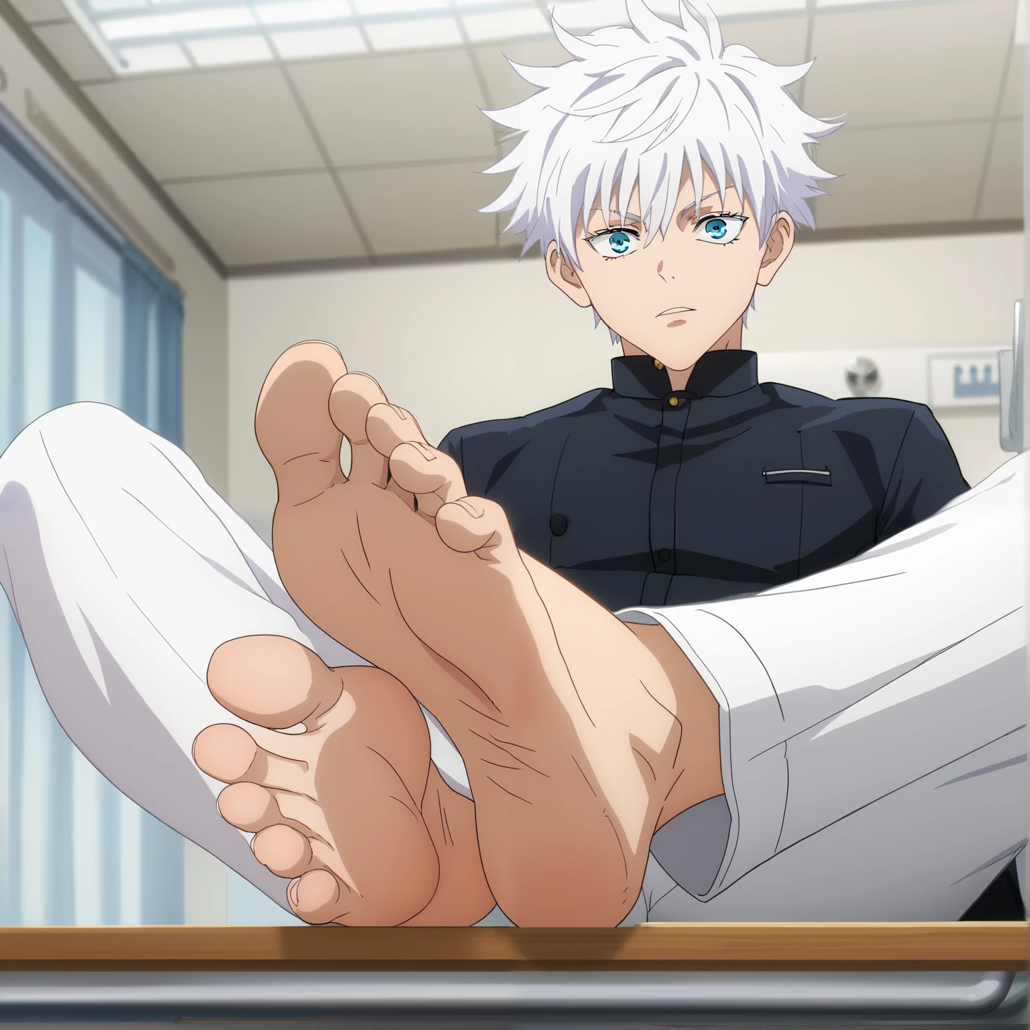 score_9, score_8_up, source_anime,
1boy, Satoru Gojo, white hair, short hair, wide opened blue eyes, black shirt, white pants, sitting at the table , alone, looking at viewer, cowboy shot, ANIME SCREENCAP, anime coloring, in a hospital, barefoot, perfect feet, anatomically correct, soles, low angle, focal length 35mm, each foot has five toes, front, symmetrical soles, foot focus