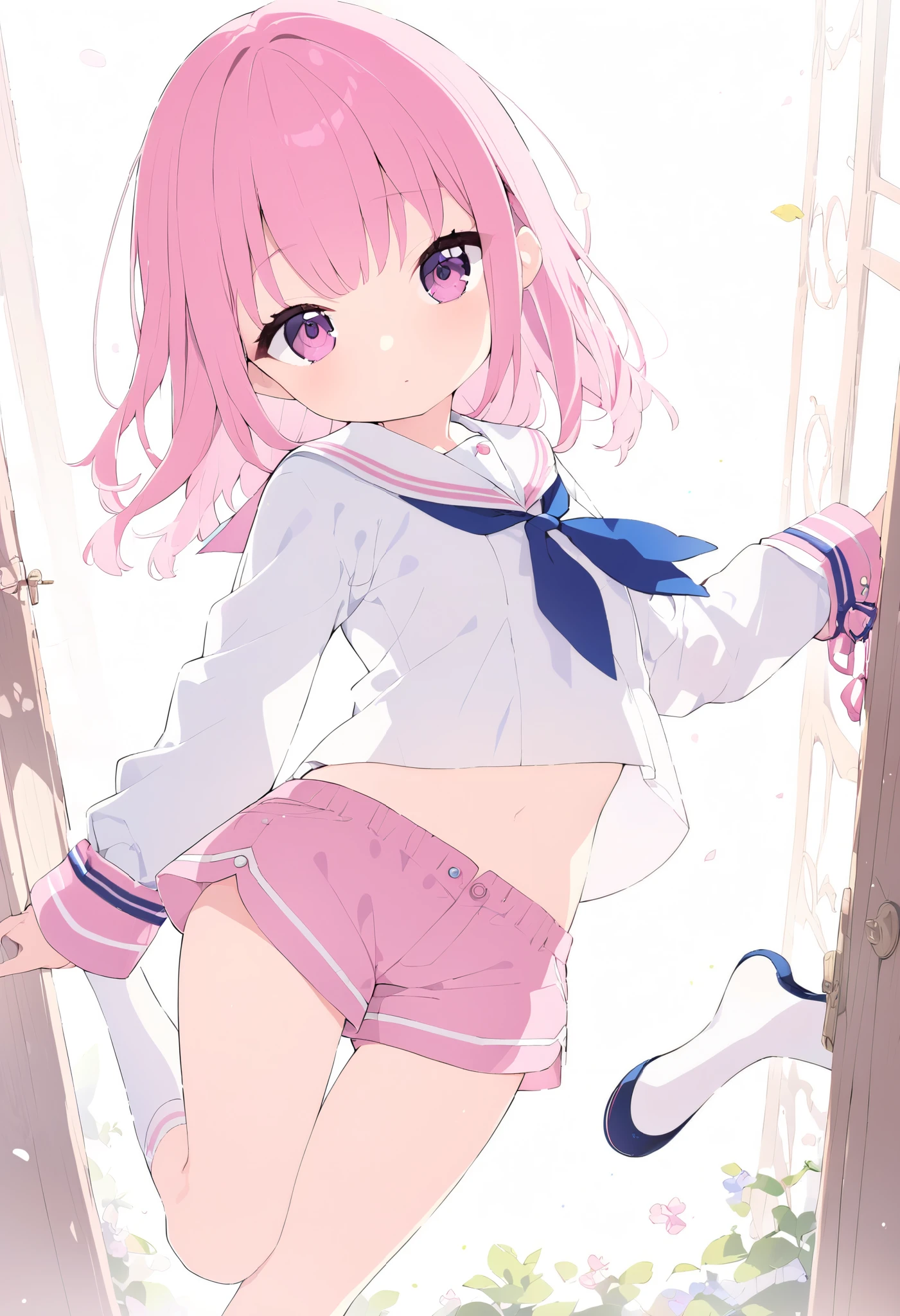 (masterpiece, best quality, cute, kawaii), 1girl, solo, illustration, serafuku, depth of filed, light on face, portrait, pink hair, stripe panties, (spread legs, open legs, knee up), naval, groin, perineum, leaning back, body tilt, open mouth, blush, smile, small breasts, arms behind back, cowboy shot, dutch angle, Japanese-style room, tatami