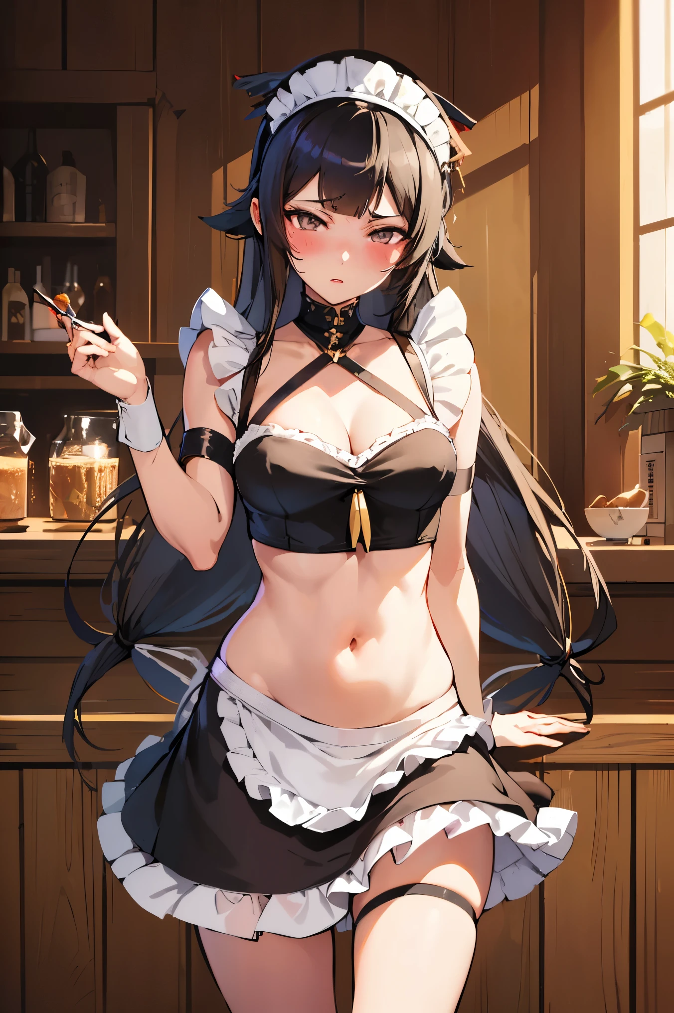 NSFW,masterpiece, best quality, high definition , very detailed,Soi Fon, shorthair 、 long hair,( maid clothes:1.3), Crop Top , miniskirt that snaps around the knee, maid headband , cleavage, with a bird's-eye view ,blush, coffee shop,Cafe,( Kudelia Aina Bernstein :1.5)