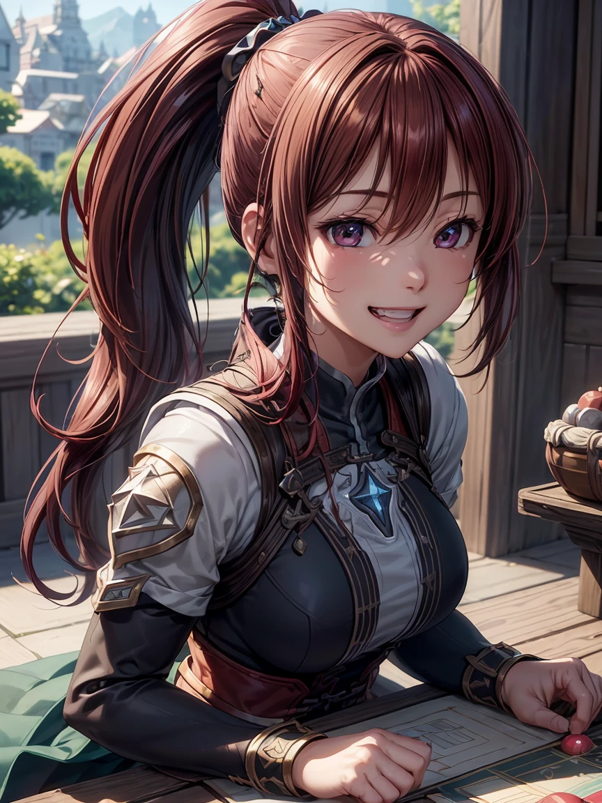  Extremely Detailed CG Unity 8K Wallpaper, Beautiful paintings, (( dark red hair 、 Left Side Ponytail )), (( close your eyes and laugh:1. 4)), ( smiles like they're teasing:1.4), ((Image Processing Algorithms:1.5)),  high pixel density in front of the copier、 beautiful and exquisite eyes 、 best quality, Ultra-clear illustrations、 High Contrast 、Color tone correction、 Super Realistic Oily Skin and Shiny Skin, Detailed fabric texture,  physics-based rendering 、 RETINA、 ray tracing ,   RAW photo, Natural Frontal Light 、Accurate Fingers,   Anatomically Accurate , 
break、
(( upper body close-up:1.2)), ((RPG protagonist:1.3))、