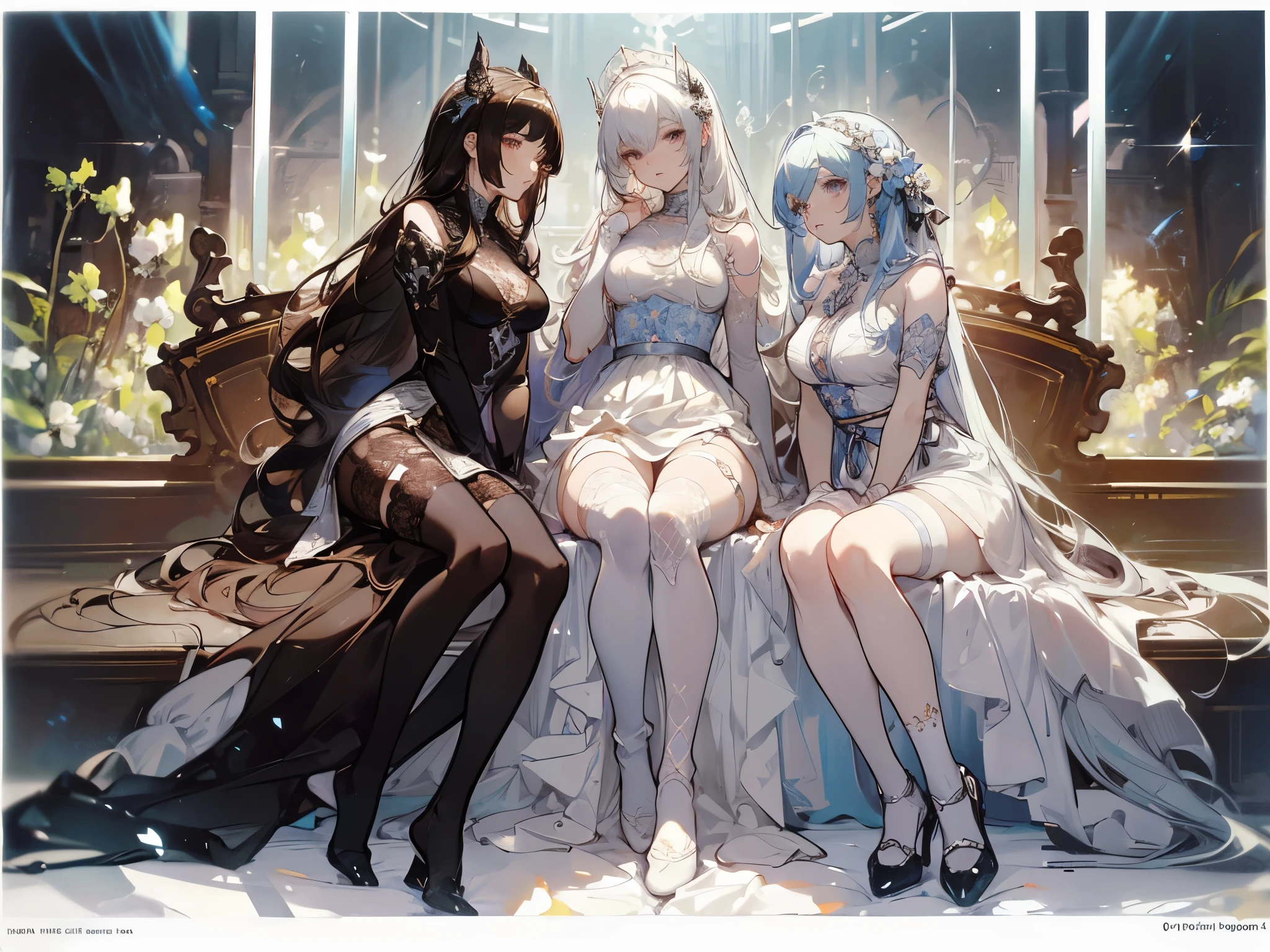 masterpiece, high resolution, better quality.1girl, furina from genshin impact, short pale blue-white hair, wavy hair, blue eyes, different-blue eyes,(corset top:1.3),(garter belt:1.3),(garter straps:1.3),choker,thighs,cameltoe,on bed.wariza