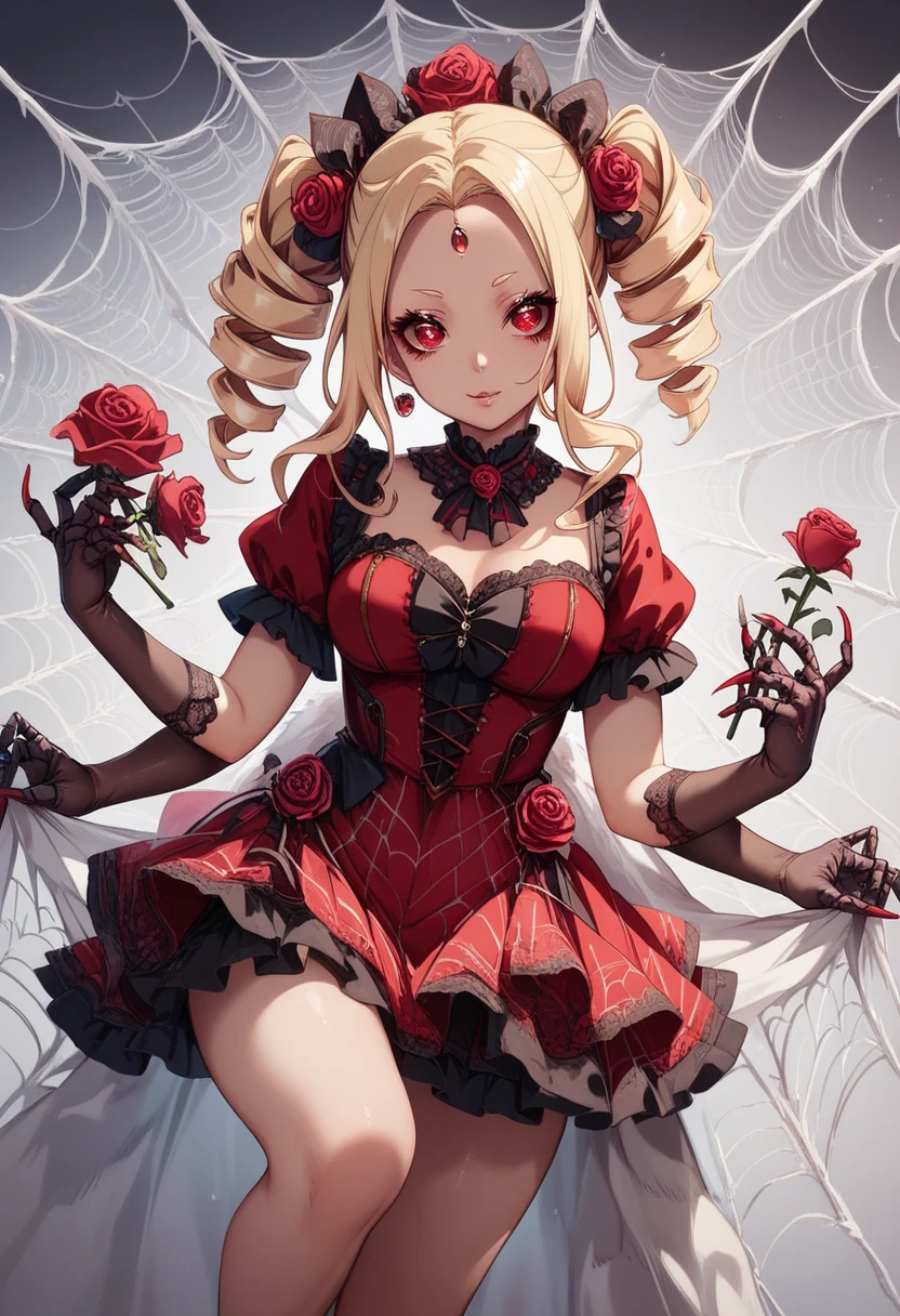 Spider girl. Lady. Twin drill hair. Blonde hair. Red eyes. Horror eyes. Black and red dress. Frills. Dark fantasy. Multiple arms. Sharp claws. Bio-armor chest. Spider web dress. Insect legs. Lace gloves. Spider eyes on forehead. Scornful expression. Rose flower.