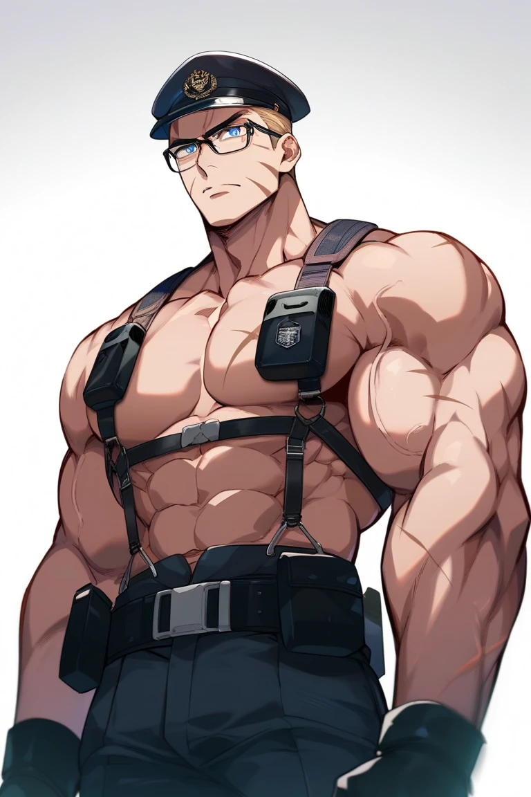  Blue pupils, pectoralis major, glasses,blond，Short hair， black military uniform ，Police boots，  bigger muscles， Scar German Style Oblique Lens,  illustration,  best quality , simple background without subject/ no background ,  Overhead Camera,  Closeup ,  serious expression，youth，Serious，seme,Muscular,Muscular male,large pectorals, 