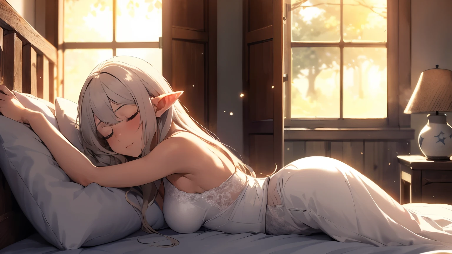 Elf Wife、Silver Hair、Naked Apron、living、Sleeping on a soft sofa、A comfortable sleeping face