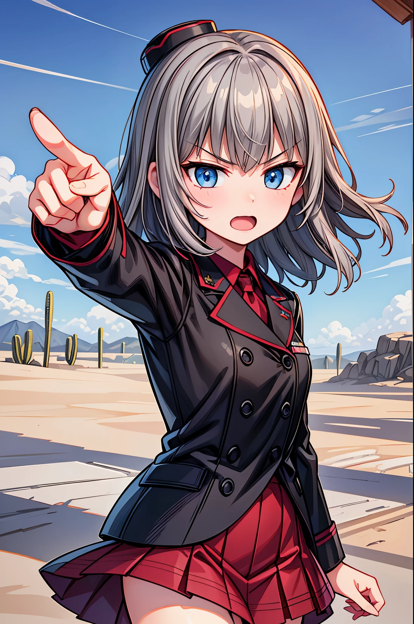 eye-level shot,cowboy shot,(masterpiece, best quality, illustration, delicate details, 8K:1.2),1girl,solo,small face,standing,(looking at viewer:1.5),Itsumi Erika,medium hair,Itsumi Erika, bangs, (silver) hair,kuromorimine military uniform, black jacket,red shirt, red skirt,hat,(pointing at viewer:1.2),angry,open mouth,blue sky,outdoor,desert