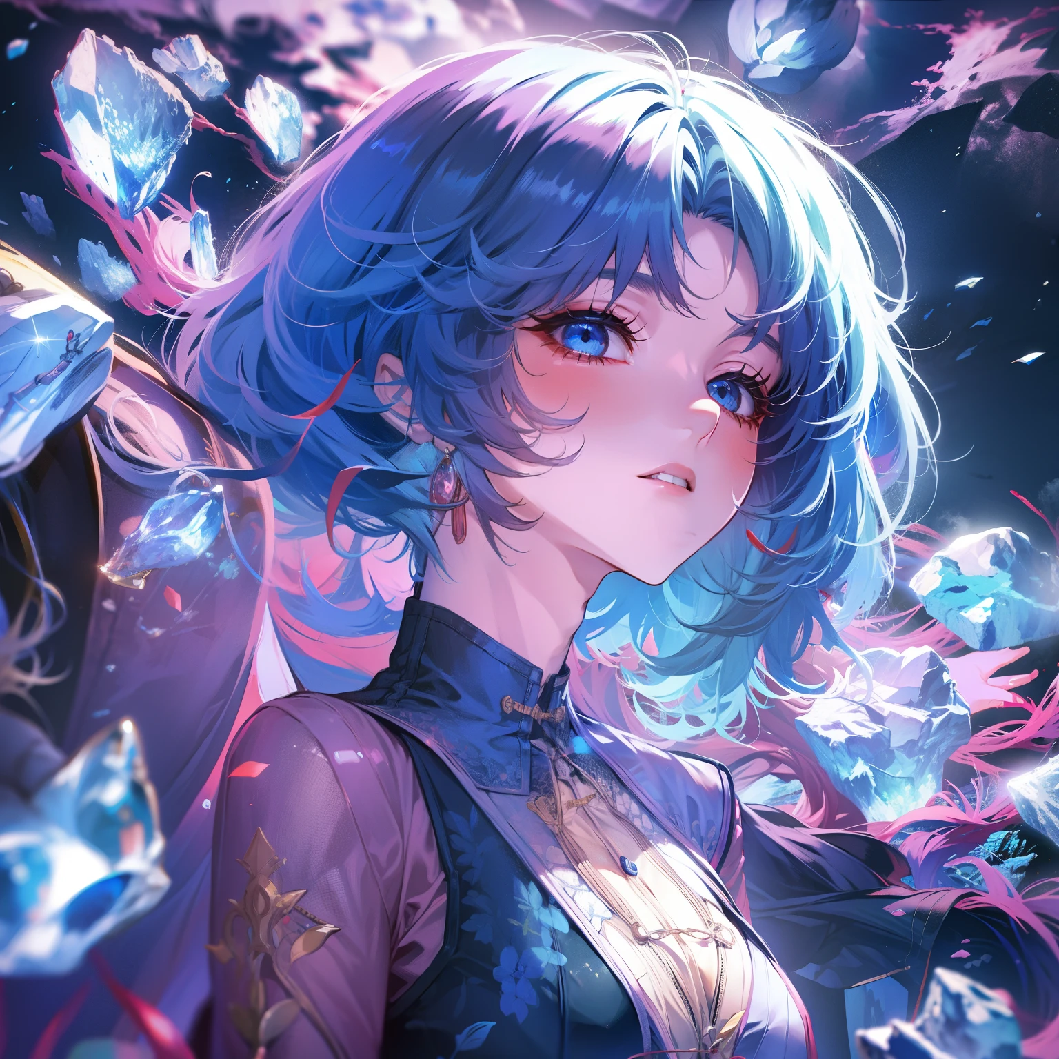 (Masterpiece))), Best Quality, Illustration, 4K Wallpaper, Cinematic Light, Absurdres, Protrait of 1girl, Short Hair, Blue Crystal Hair, Viewer Gaze, Glow Hair, Bloom Hair, Fantasy Clothes