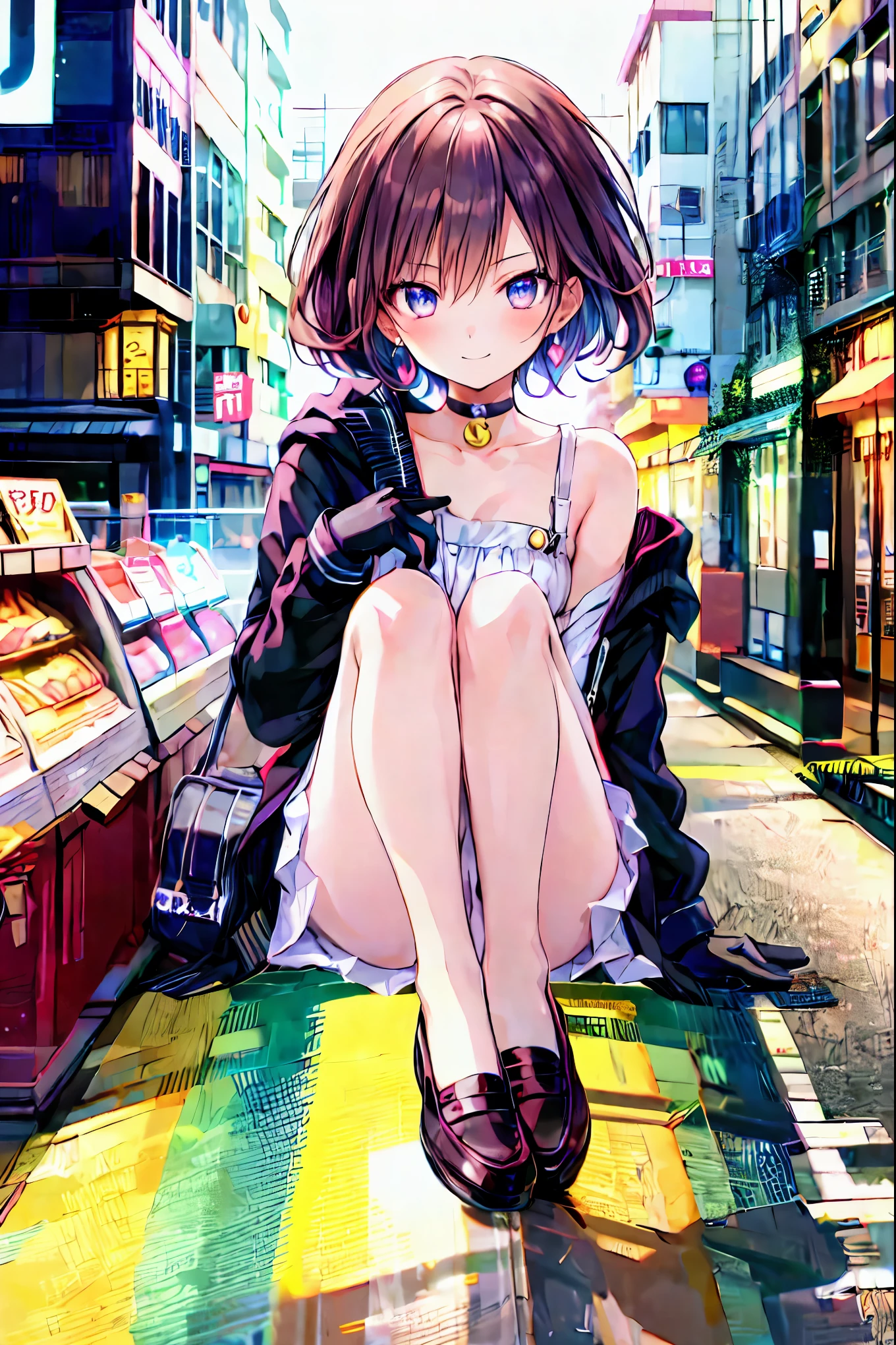  one girl , Anime_Coloring, black_eye, black_Gloves, brown_hair,  choker,  earrings for a woman alone, Gloves,  jewelry, Mailbox,  parody in hin, short_hair, smile, Alone,  style _ parody in hin,  茶hair， shortcut ，ボサボサのhair，short編みhair，Neat，Slender beauty，Correct posture，Small chest，Beautiful legs，魅惑的なグレーブルーのeyeは星のように輝いている，垂れeye， bright color ,美しいeye,繊細なsmile,Textured Skin, best quality best , gentle and beautiful woman , anime style､