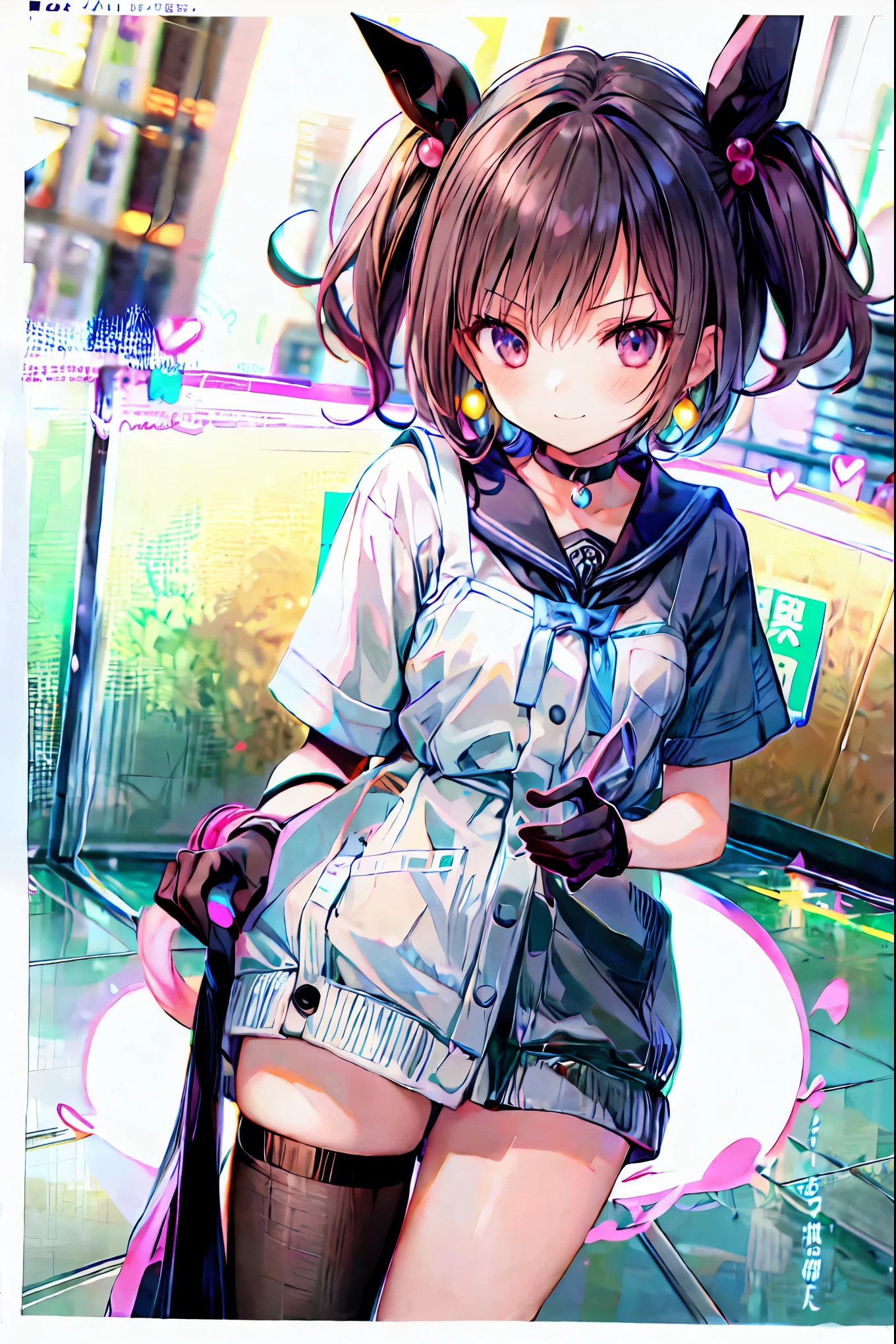  one girl , Anime_Coloring, black_eye, black_Gloves, brown_hair,  choker,  earrings for a woman alone, Gloves,  jewelry, Mailbox,  parody in hin, short_hair, smile, Alone,  style _ parody in hin,  茶hair， shortcut ，ボサボサのhair，short編みhair，Neat，Slender beauty，Correct posture，Small chest，Beautiful legs，魅惑的なグレーブルーのeyeは星のように輝いている，垂れeye， bright color ,美しいeye,繊細なsmile,Textured Skin, best quality best , gentle and beautiful woman , anime style､