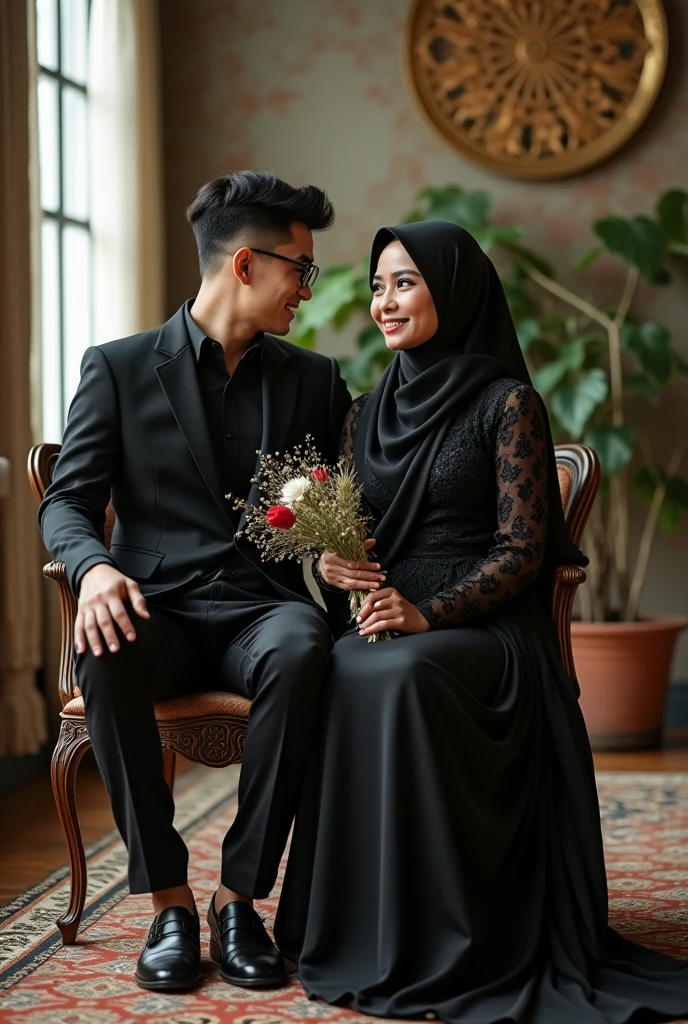 Realistic of pilipino couple wedding ,the boy wear a black attire and girl hijab,pink gown wedding.the background is sand.