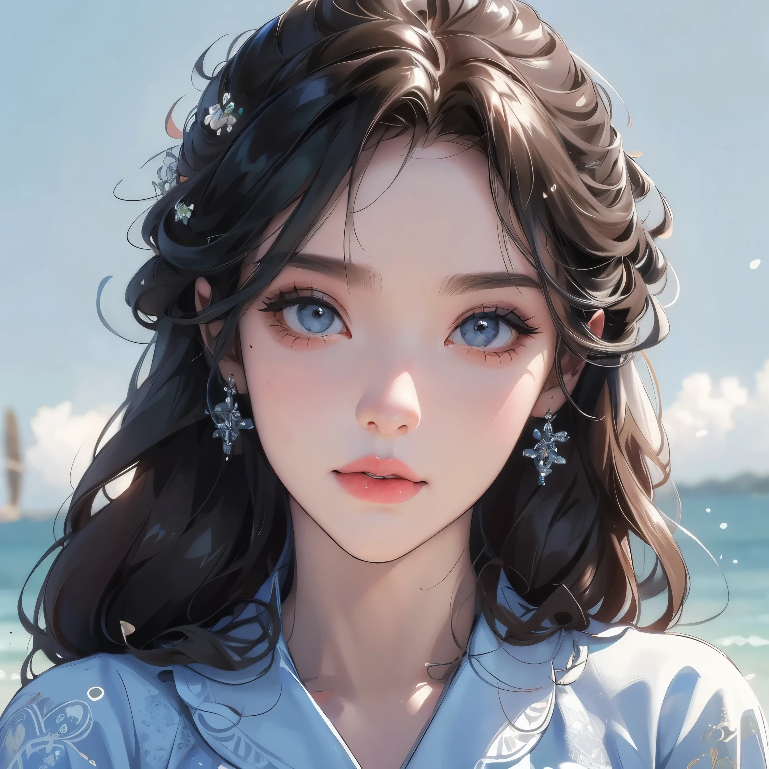 a woman, symmetrical portrait, she's ouside with the blue sky,natural photographic, windy, detailed facial features, beautiful detailed eyes, beautiful detailed lips, extremely detailed face, long eyelashes, natural light, soft blue colors, detailed clothing, serene expression, (best quality,4k,8k,highres,masterpiece:1.2),ultra-detailed, dark blue color, big eyes