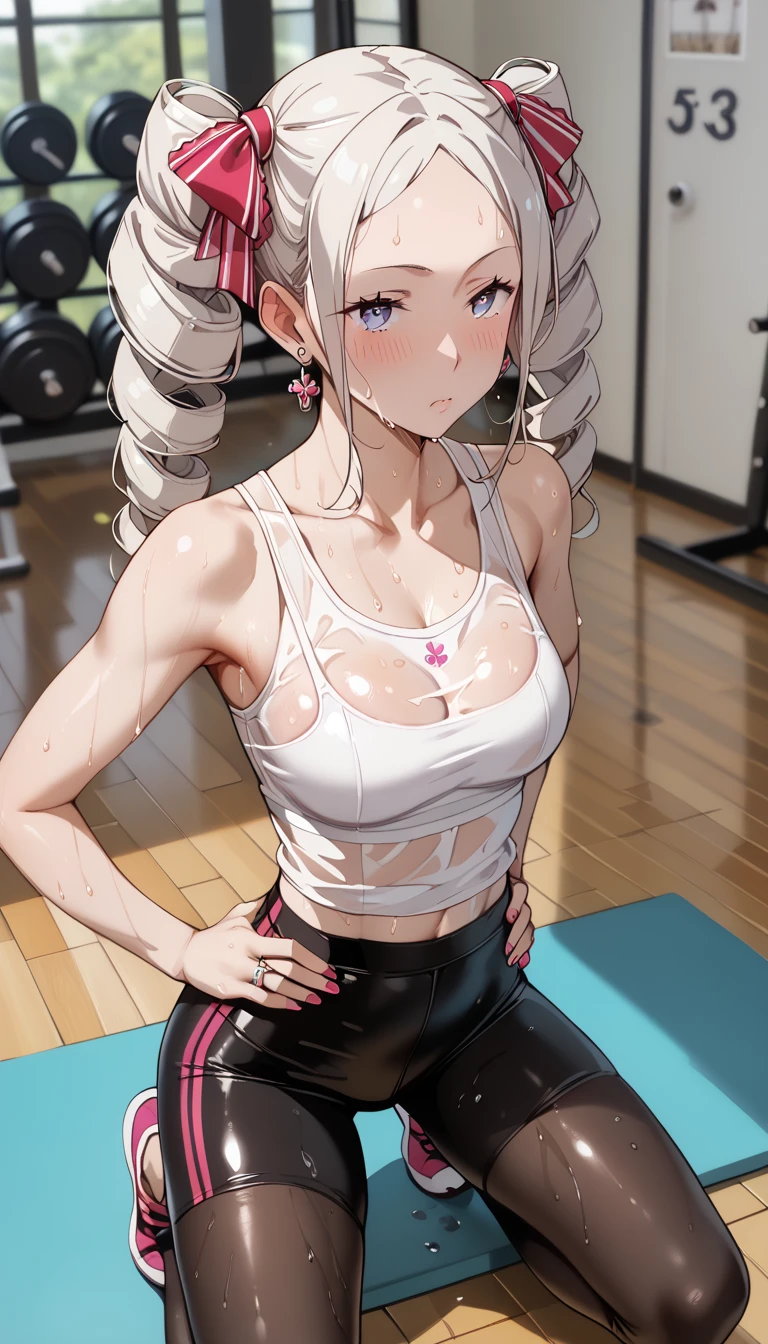 creamy long pale hair，double twin tails、(sweaty skin)、 (highest quality, 8K, 32K, masterpiece, UHD:1.2)、wet clothes、((see-through))、blush,((((sweat)))),((from adove)),(latex tank top),short leggings,fitness,training、ring earrings、big Thighs、big hip、steam、(((yoga)))、(((yoga pose)))、dynamic pose、(((leaningback))) 、hands on hips、(looking up)