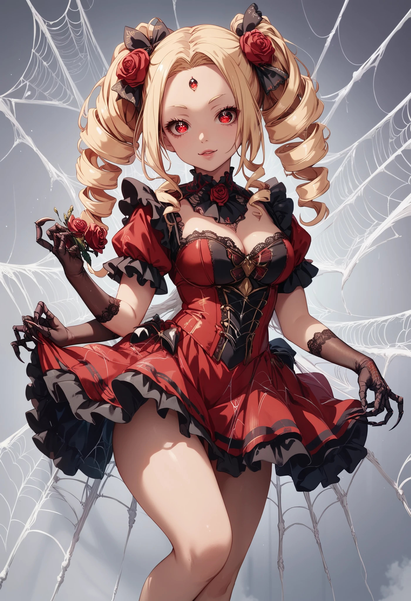 Spider girl. Lady. Twin drill hair. Blonde hair. Red eyes. Horror eyes. Black and red dress. Frills. Dark fantasy. Multiple arms. Sharp claws. Bio-armor chest. Spider web dress. Insect legs. Lace gloves. Spider eyes on forehead. Scornful expression. Rose flower.