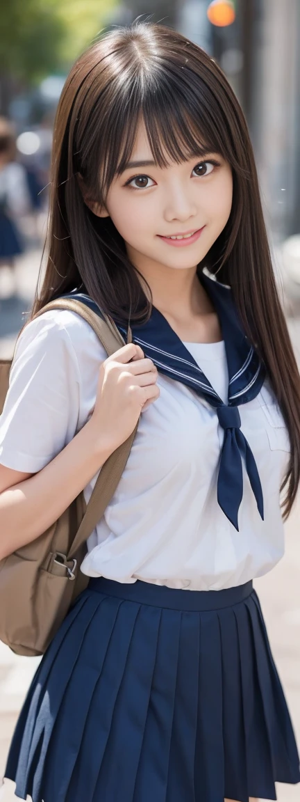 (masterpiece,  best quality:1.2),  one girl , Alone, 1,  Japanese woman with a viewing angle of, Super cute idol-like face , Beautiful model-like figure,  double eyelid big eyes , ( white shirt,  sailor school uniform,  navy blue pleated skirt:1.2),  dark brown hair ,  medium straight hair getting hit in the breast with a whip, With bangs, Carry a backpack to school, smile, The background is Shibuya Ward, Tokyo.,