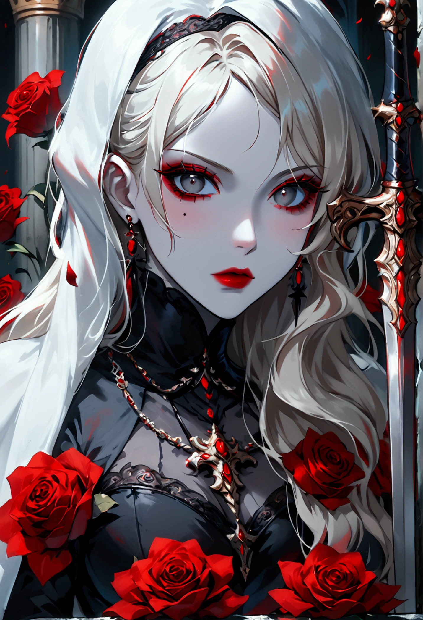 modisn disney, Arafed,  Dark fantasy art, fantasy art, goth art, a picture of a female vampire, pale white skin, blond hair, Ultra detailed face, Best Detailed face, long hair, wavy hair, (glowing grey: 1.3) eyes, she wears a (red: 1.3) red thigh suit, she holds a sword in hand, (ready for battle: 1.4) , the roses are imprinted on the suit (black: 1.4) black roses, high heels, full body shot, dark glamour shot, dark castle, dark, black and color, PASTELGOTH, SwordMaiden,