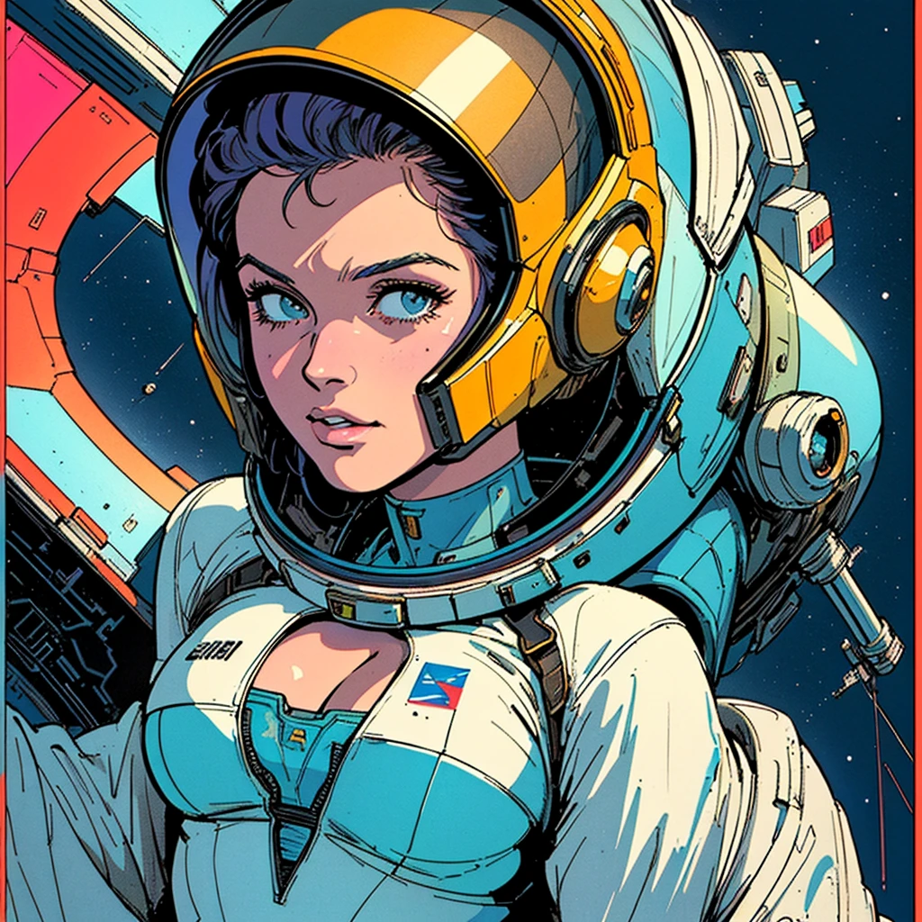 ((( Best Quality Masterpiece ))),(Lonely Goddess),(spacesuit that emphasizes cleavage ),((( 70s and 80s space thriller movie posters))),( American Comics ),((( retro vintage style ))),Overwhelmingly complex depiction,Absolute machine group background, futuristic cyberpunk ,Extremely accurate and delicate depiction,