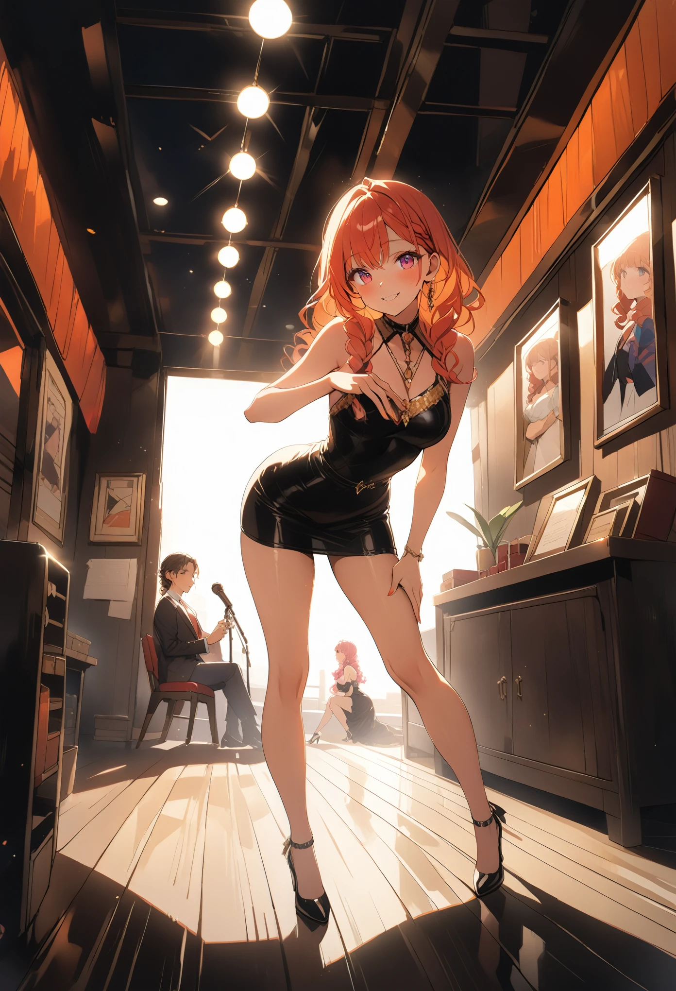 anime, young woman,  Full Height,  sexy, Hair Glitter ,  Hair Sparkles , Bending Pose, Hand on the waist, microphone in his hand ,  Curly Hair Braided Top,  Big Beautiful Eyes , Darling, pretty, smiles,  Background Light Rays , spotlights ,  Little Scene , twilight,  Shadows of the Hall Lighter Lights , masterpiece, 8 k,  Maximum Quality ,  Perfect Anatomy , bright colors, rich colors ,  better quality,