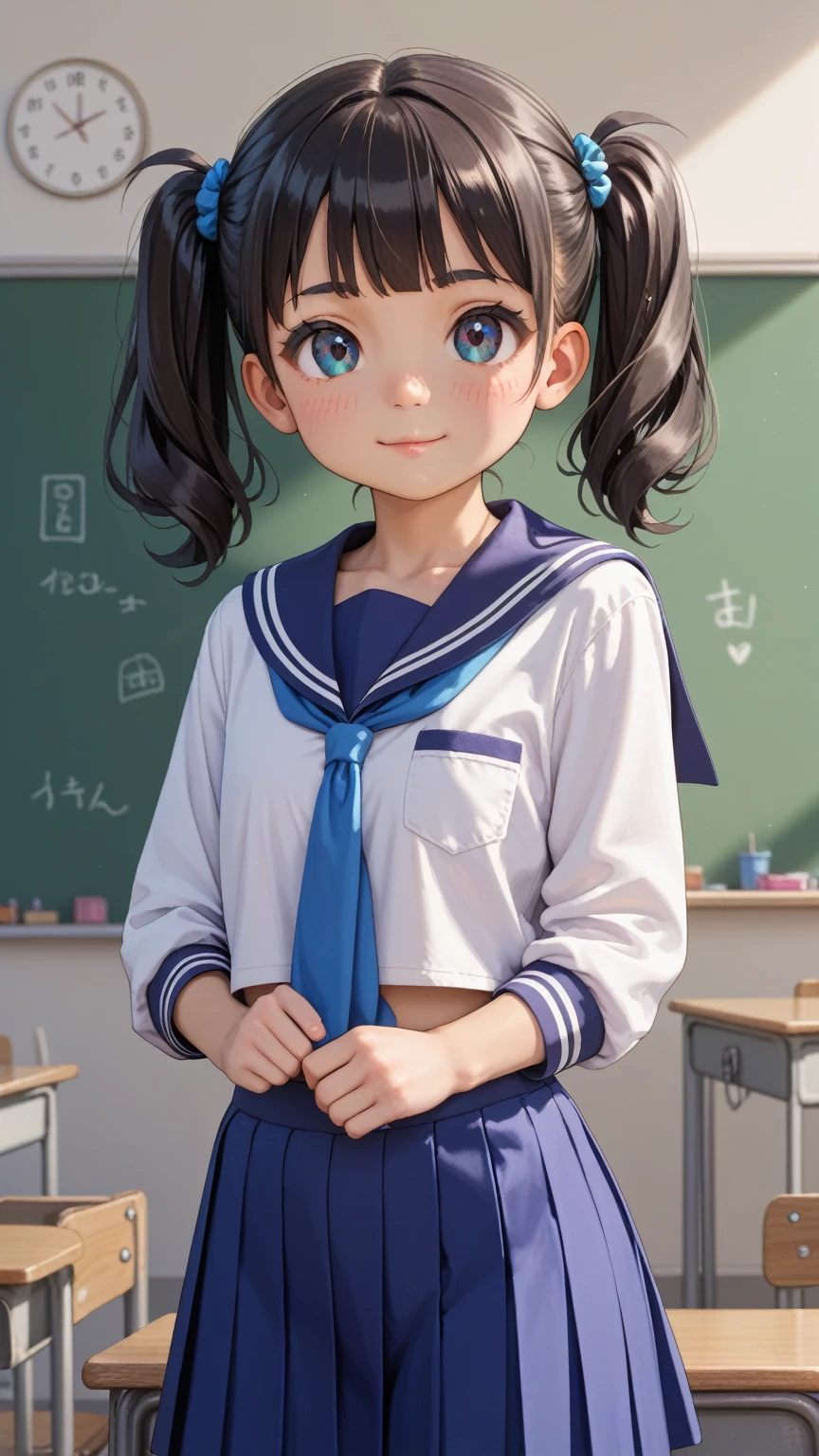 {{{anime}}}、(***,****,cute:1.4)、 black hair、 twin tails、 sailor suit、standing、classroom