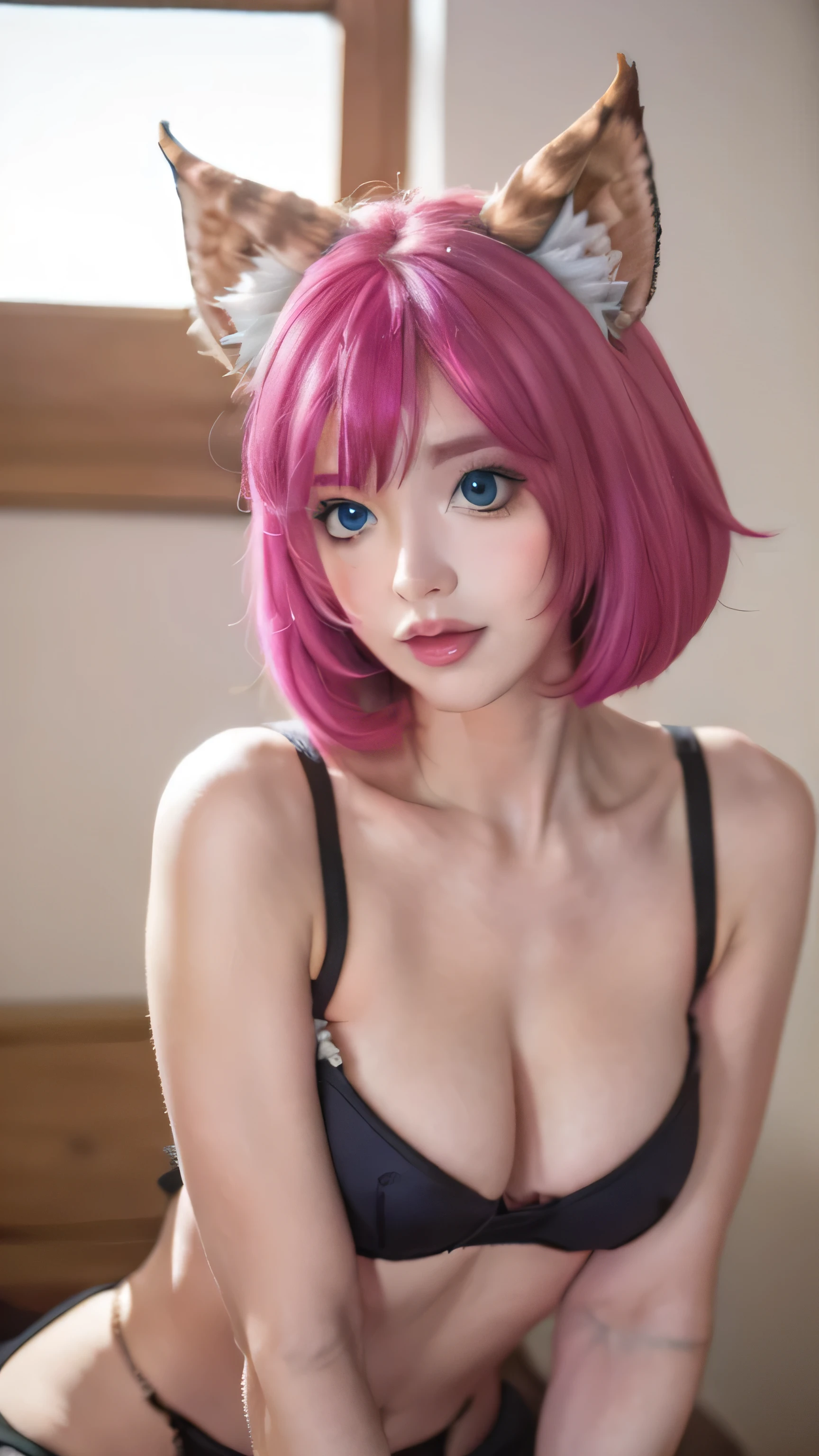 Girl cat, pink hair, blue eyes, sexy