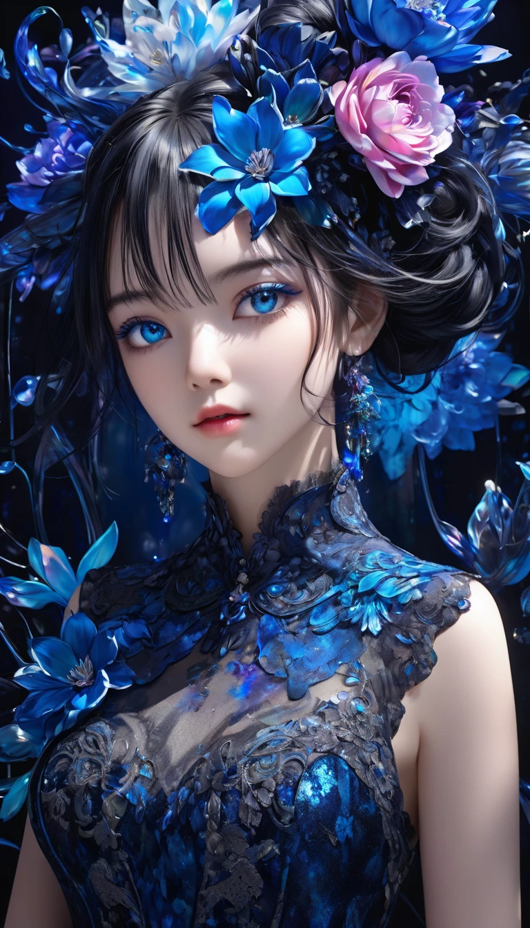 kaleidoscope,Color Fractal,Sparkling parameters(official art,unity 8k wallpaper,ultra detailed,High quality,best quality:0.9),(zentangle,mandala,tangle,entangle:0.6),,full body,flat color,limited palette,low contrast,(1girl:1.5),solo,(lycoris flower),(horor),(gloomy),(blue pigment:1.33),(hollow eyes:1),(expressionless eyes:1.3),cowboy shot,demon girl,PIXIV,devil,evil spirits,(Highest Quality, Amazing Details:1.25),(bright pupils),blue black,White Rose,Japan Women's Kimono